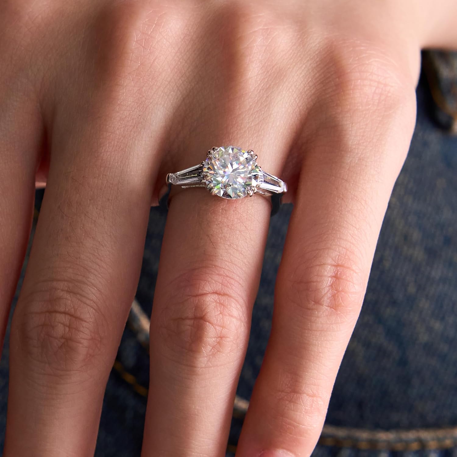 Moissanite Engagement Rings for Women, 3 Stone Round Cut D Color VVS1 18K White Gold Plated S925, Cut Lab Created Diamond Wedding Promise Ring