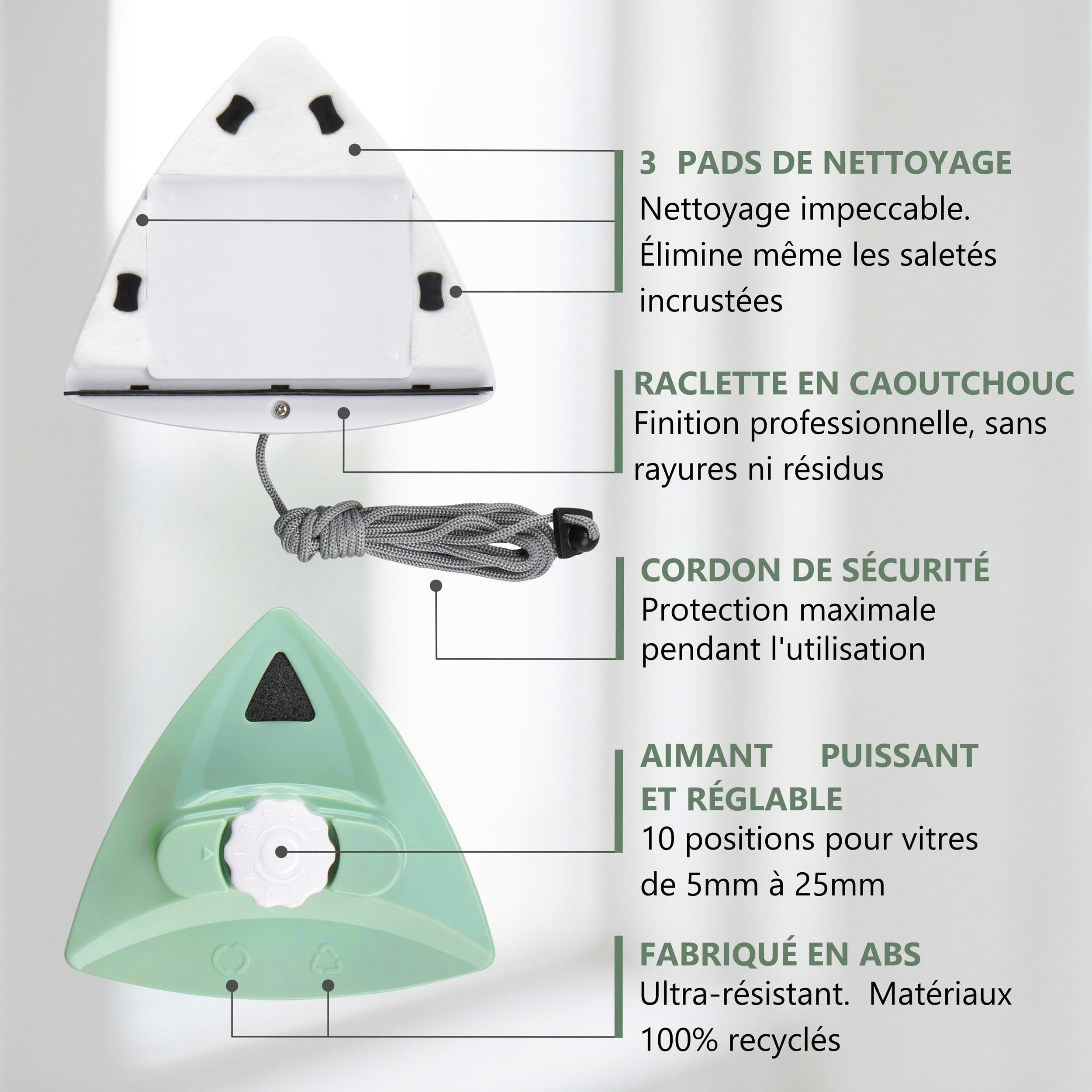 Lave Vitre Magnétique Réglable pour Fenêtres 5 à 25 mm - Nettoyeur Vitre Magnetique - Comprend 30 Pads de Nettoyage, 4 Raclette en Caoutchouc, 1 Sac de Rangement et 1 Chiffon en Microfibre