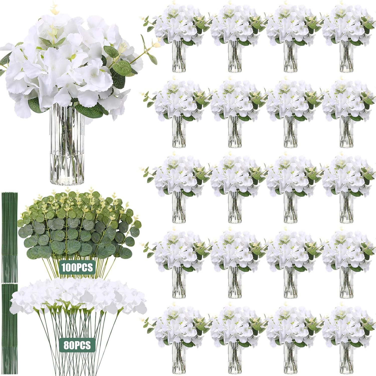 Riceshoot 200 Pcs Hydrangea Artificial Flowers with Vase Bulk 80 Pink Fake Silk Hydrangea 100 Eucalyptus Stems 20 Clear Glass Vases for Wedding Table Centerpieces Party DIY Floral Decoration