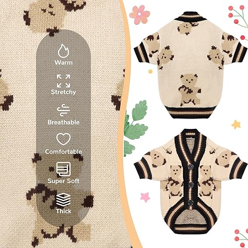 Miniatura 6 de PETCARE Cárdigan para perro, lindo abrigo de oso para cachorro, abrigo de punto suave y cálido para otoño e invierno, ropa para perros pequeños,