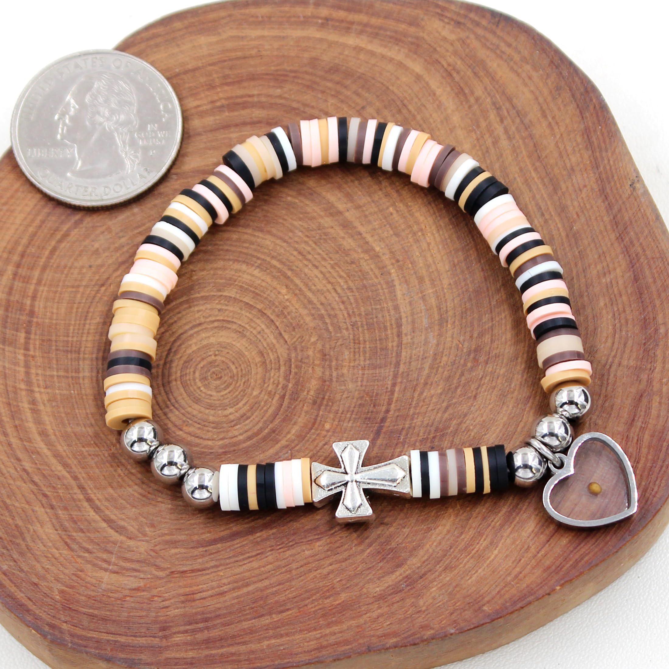 LLXYWJ Pulseras de Cuentas de Arcilla polimérica Heishi de Vinilo, Estilo Degradado, Pulsera Cruzada Lateral a la con Dije de corazón y semilla de Mostaza