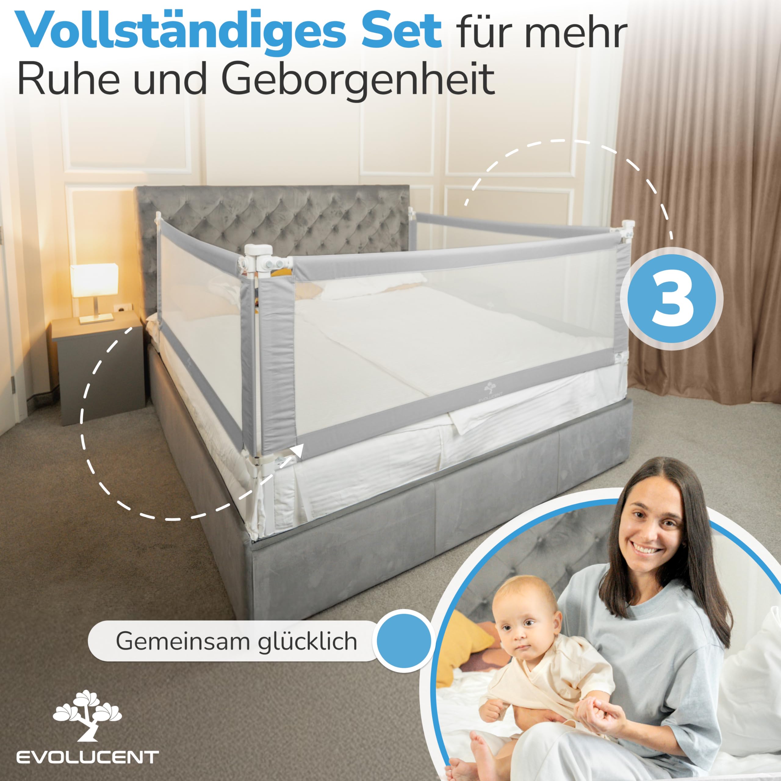 EVOLUCENT Bettgitter 200cm | Stabil ohne Verschrauben | Rausfallschutz für Boxspringbett und Elternbett | Bettschutzgitter mit Klett- und Klickgurten | Waschbares Mesh [1 Seitenteil]