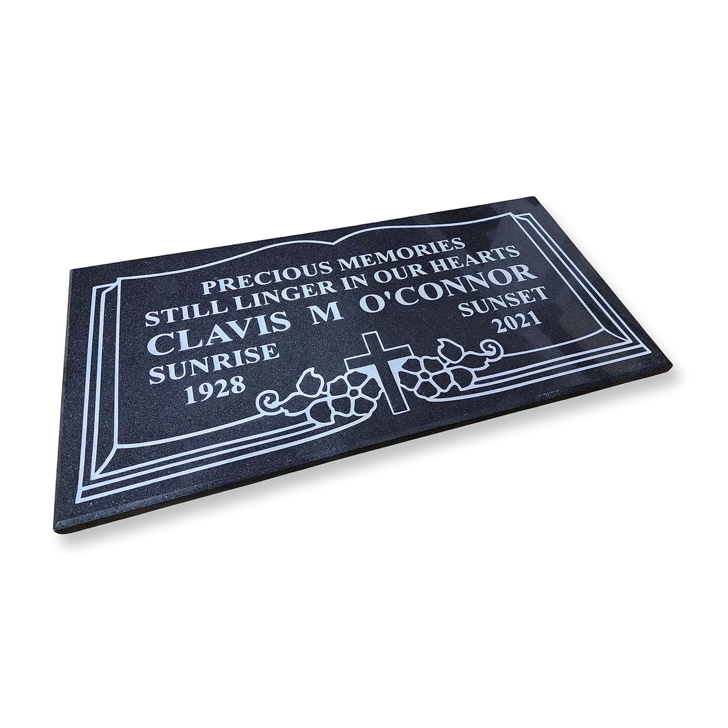 Engraved black granite christian cross motif memorial grave