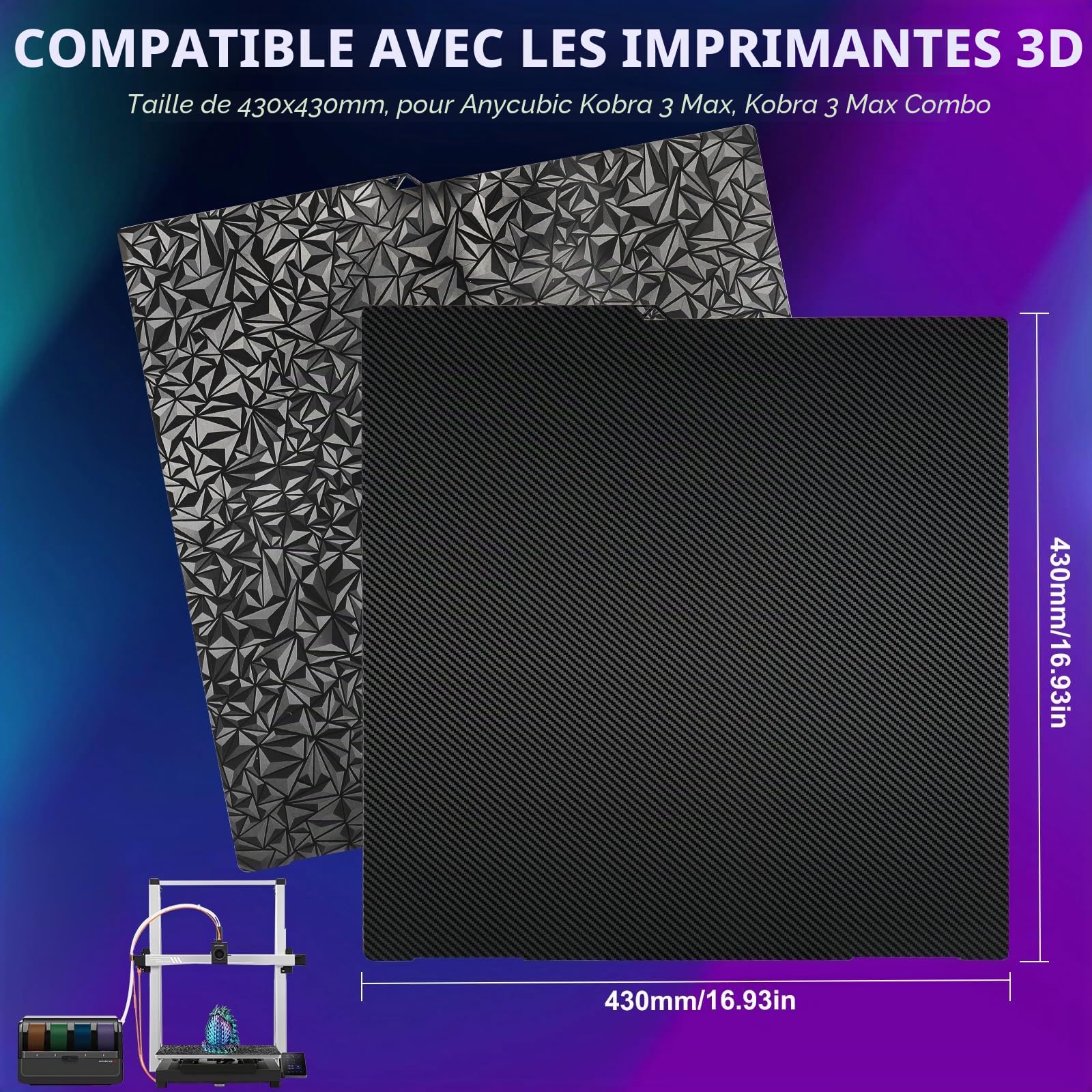 Kobra 3 Max Plaque de pression 430x430mm, Smooth Diamond PEO+Carbon Fiber PET Spring Steel Plaque de construction flexible pour Anycubic Kobra 3 Max, Kobra 3 Max Combo Imprimantes 3D
