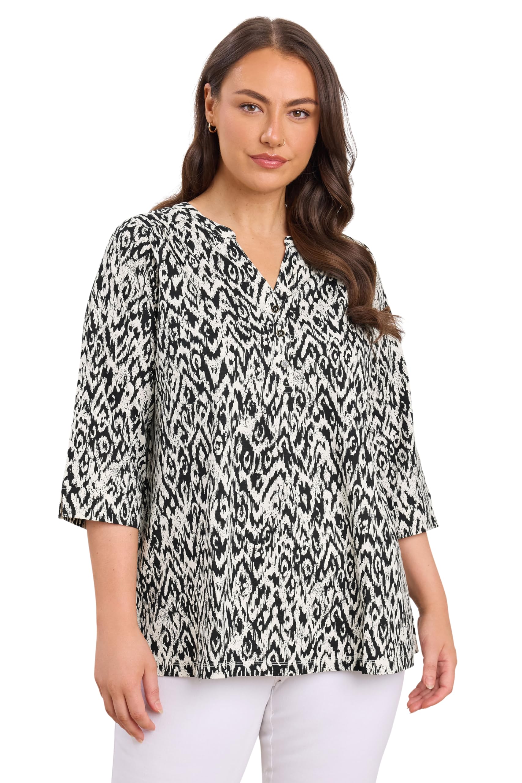 Evans Women's Black Curve Abstract Print Pleat Front Henley Top - Plus Size Curve