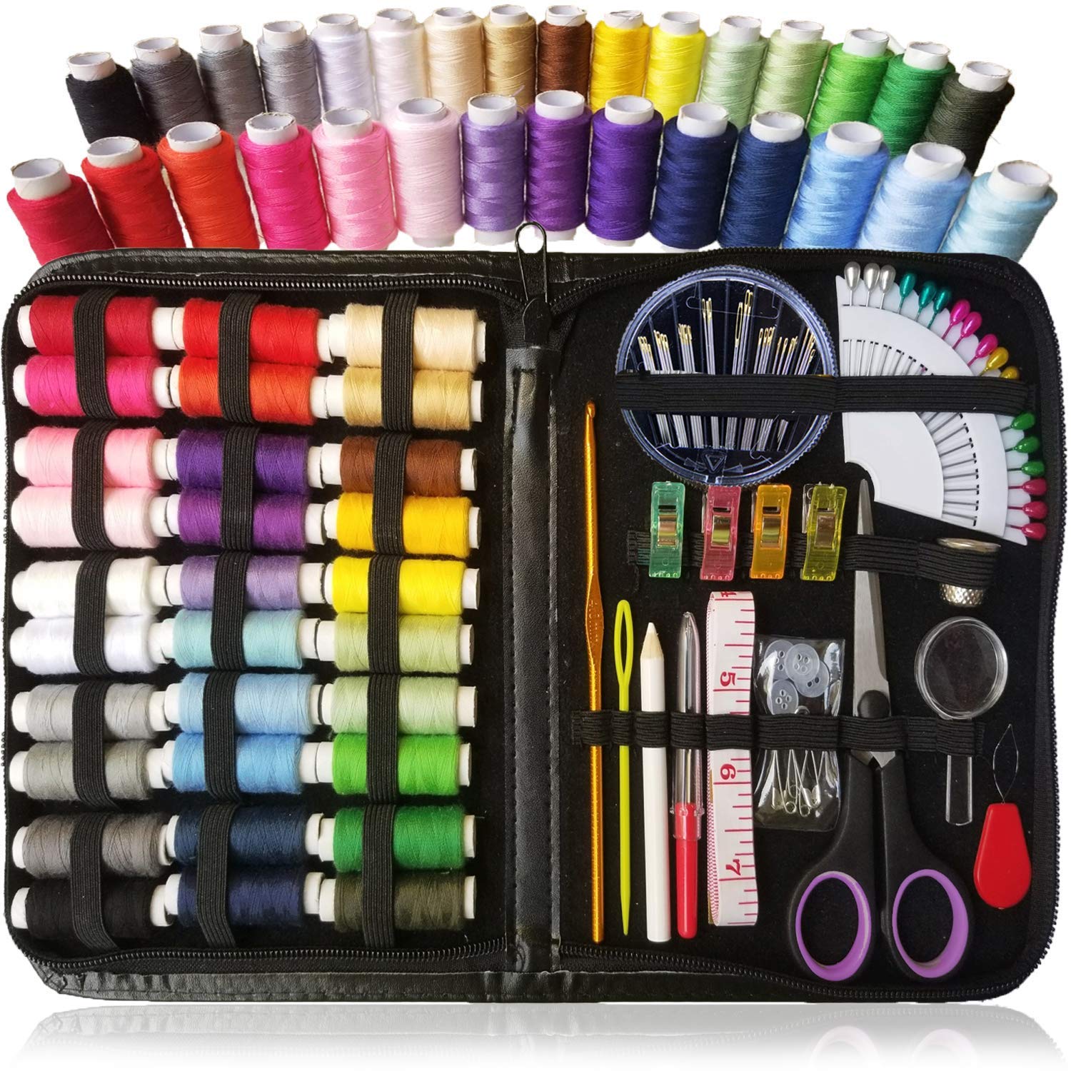 Wolpin 100 PCS Sewing Kit PU Bag | Sewing Stitching Supplies | Accessories 30 Pcs Thread Spools, Scissors, Needles, Portable, Measuring Tape DIY, Adults, Beginners, Emergency, Travel, Home Black