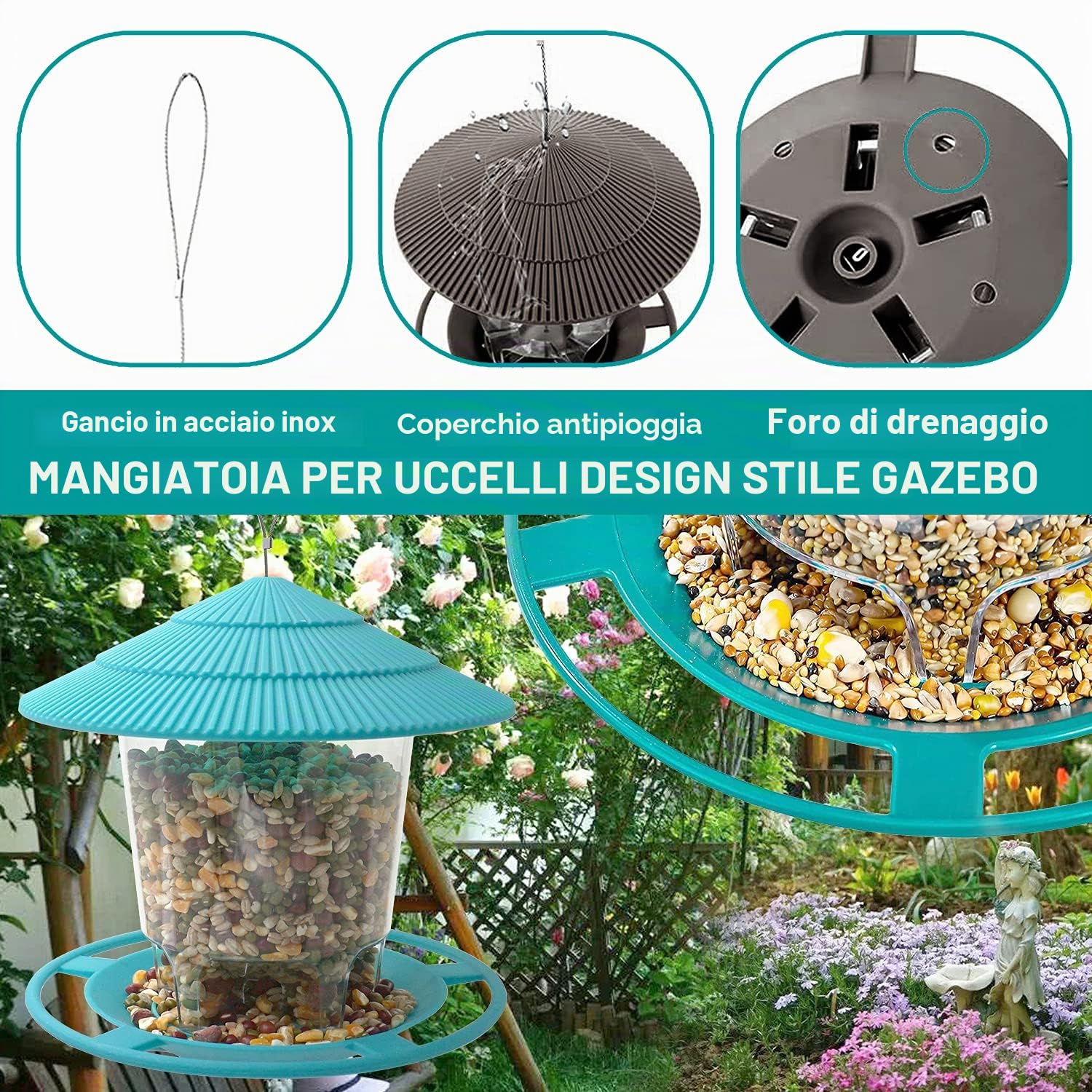 Mangiatoia da appendere per uccelli selvatici, mangiatoia per giardino, semi di girasole, cuore, arachidi e nocciole, per attirare dunnocks, blu