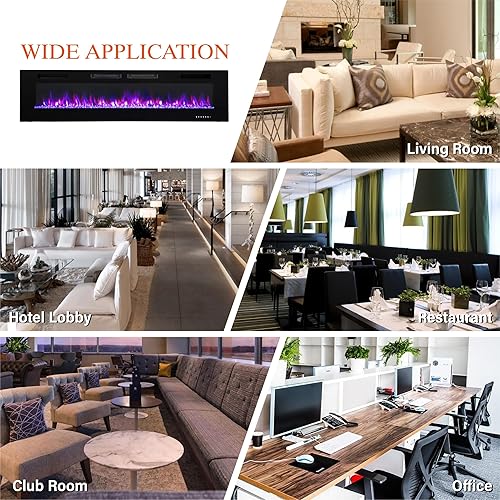 Miniatura 8 de GREEN PARTY Chimenea eléctrica de 72 pulgadas, empotradamontada en la pared, ultrafina, calentador de chimenea lineal de bajo ruido con control