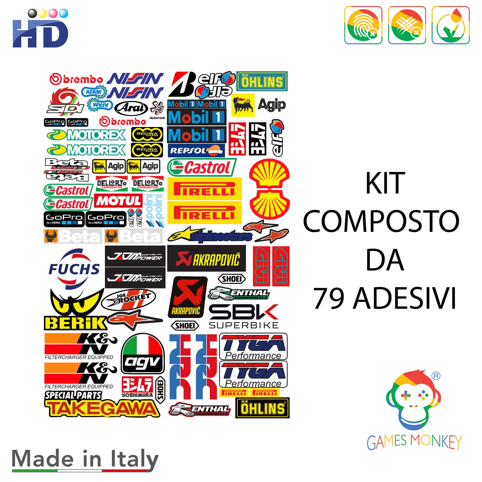 GamesMonkey® - Kit autocollants 79 pièces pour vélo, moto et scooter, casque adhésif Motorsport Stickers Convient pour Skateboard Auto Casques Moto Cross