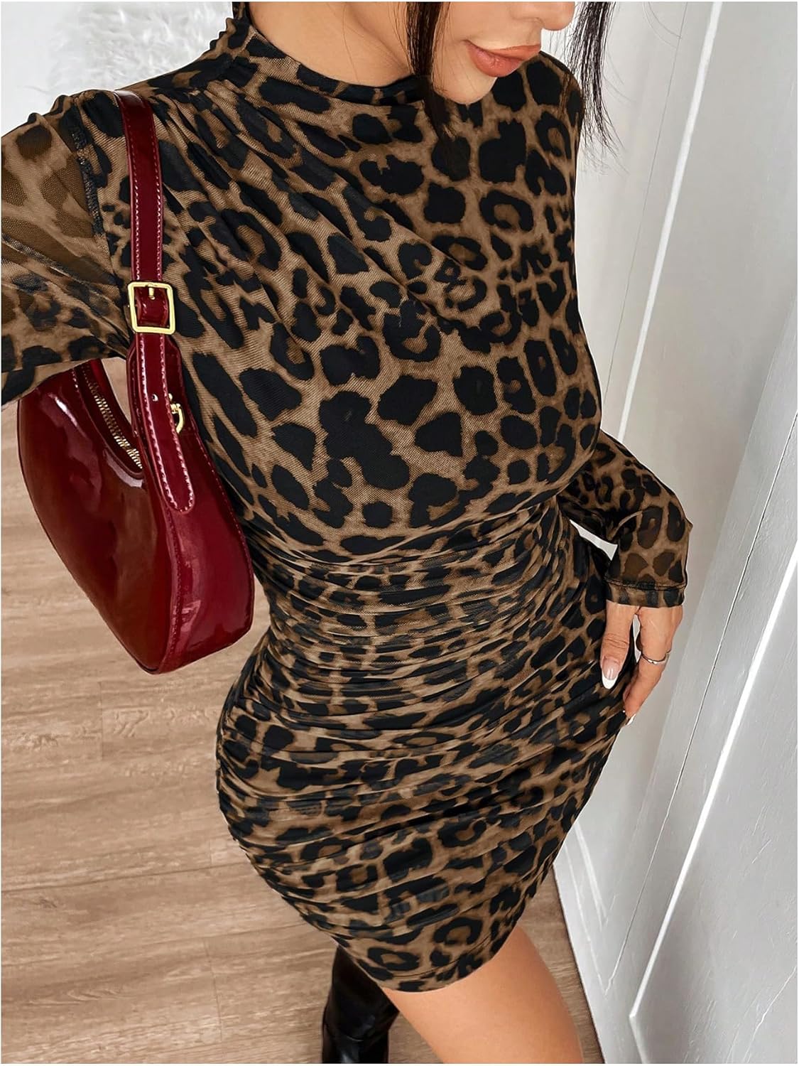 WDIRARA Women's Leopard Print Ruched Bodycon Mini Dress Mock Neck Long Sleeve Dresses - Image 4