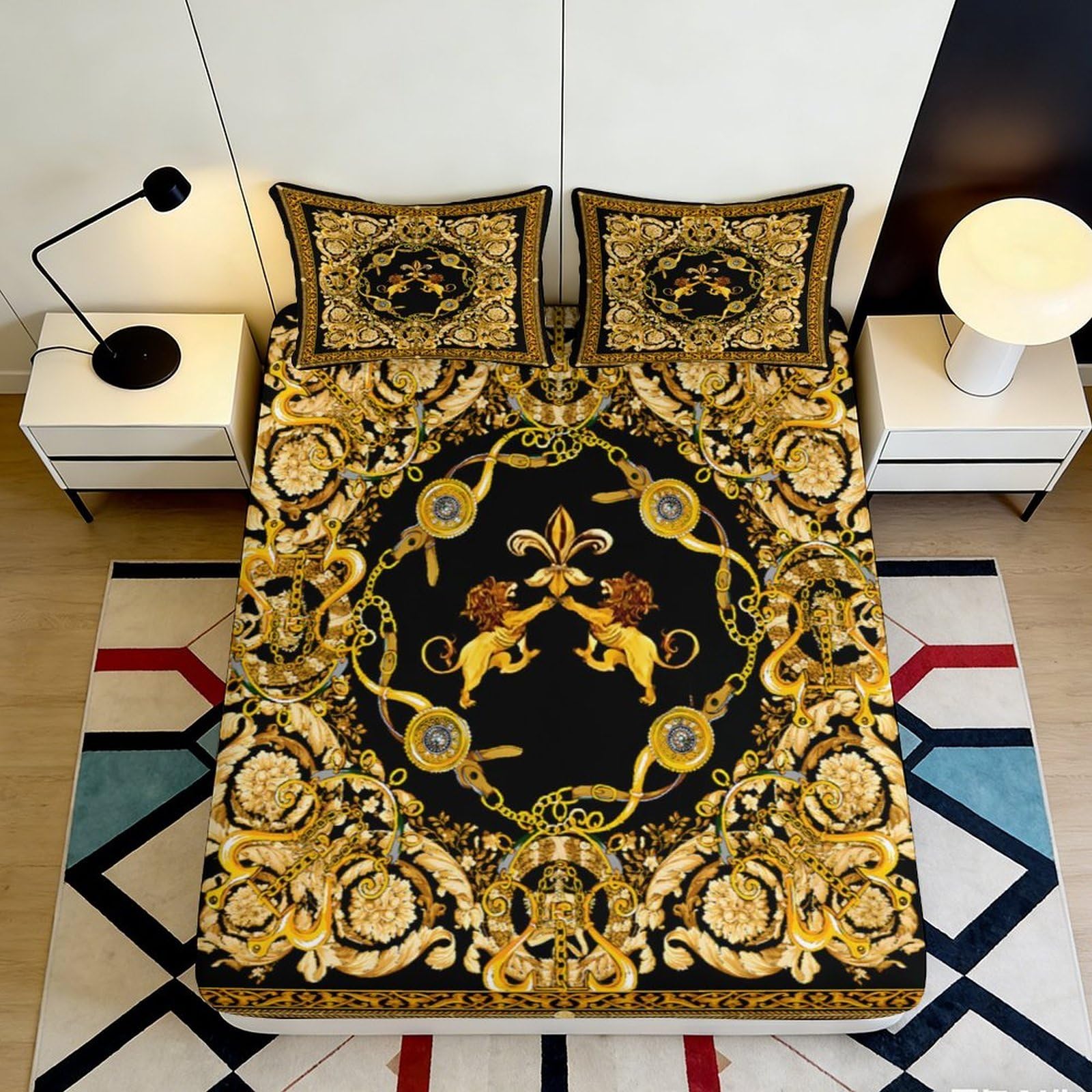 3D Printed Baroque Lion Fitted Sheet Microfiber Soft Black Gold Royal Pattern Mattress Cover Bedroom Decor 120x200cm 140x200x25cm