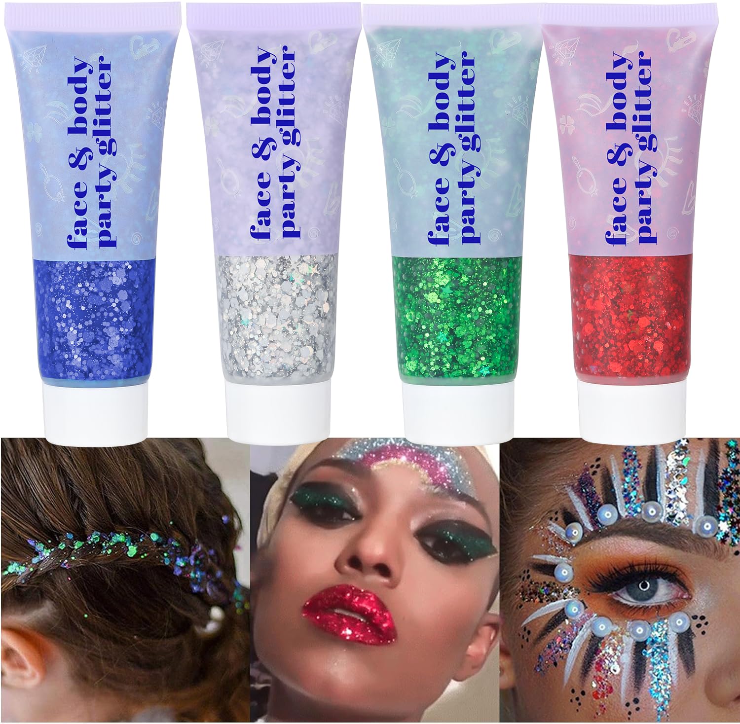 4 Colors Body Glitter Gel, Face Glitter Body Gel Singer Concerts Makeup,Sparkling Holographic Gel Long Lasting Chunky Sequins Glitter for Eye Lip Hair Nails,Festival Rave Accessories Halloween Makeup