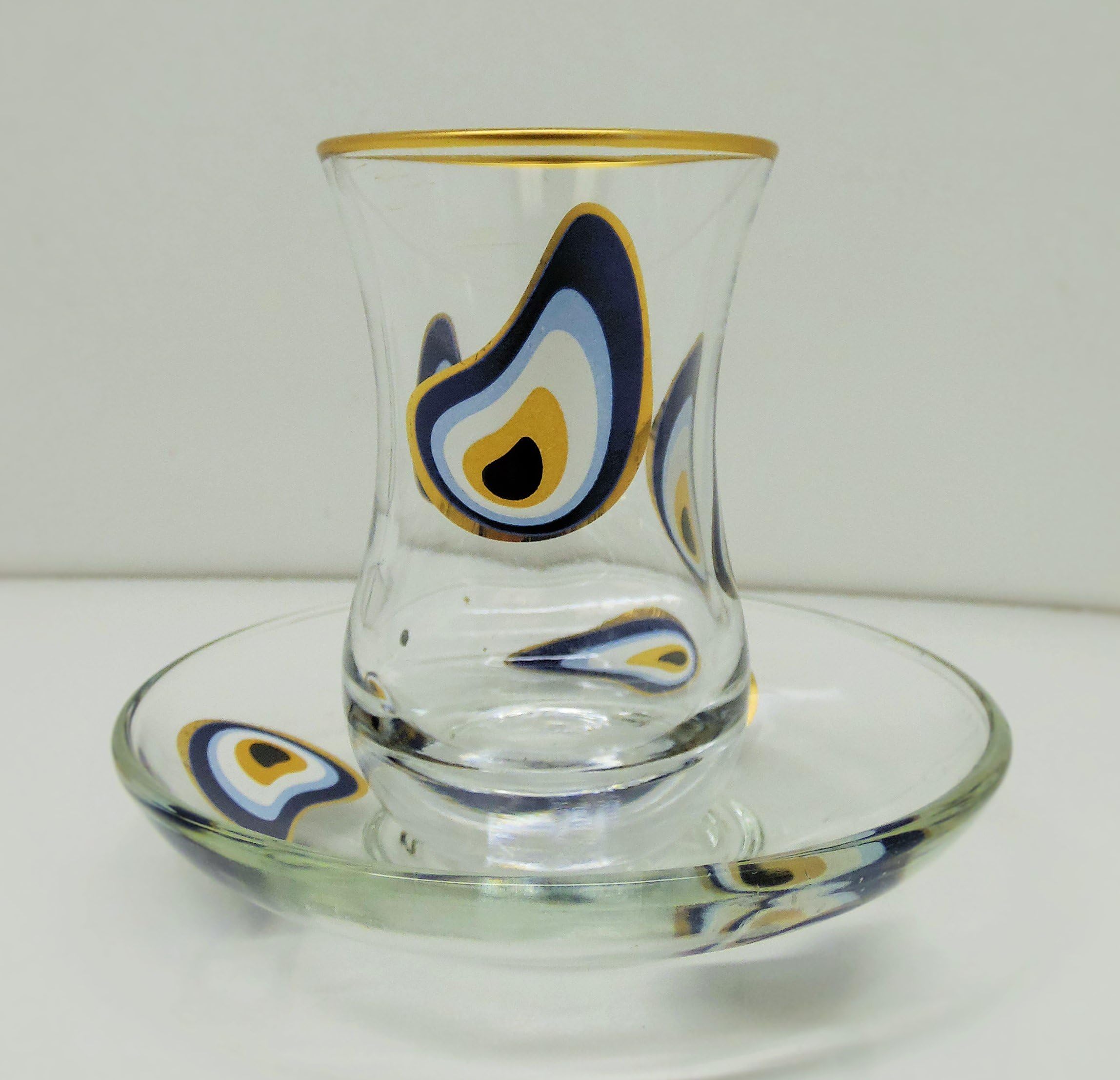 Art Glass "Cast Evil Eye" Tea Set 6 Glass 6 Plate