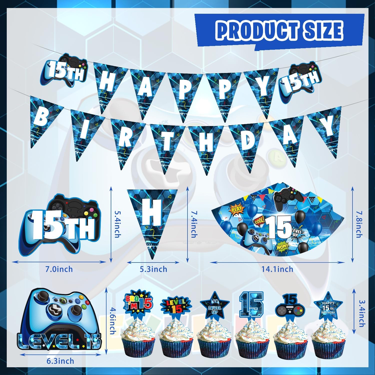KOTLMIGHT 15th Birthday Decorations for Boys, 150Pcs Blue Video Game level 15 Party Supplies for Boy 15th Birthday - Backdrop, Banner, Balloons, Tablecloth, Centerpieces, Hanging Swirls, Wall Signs
