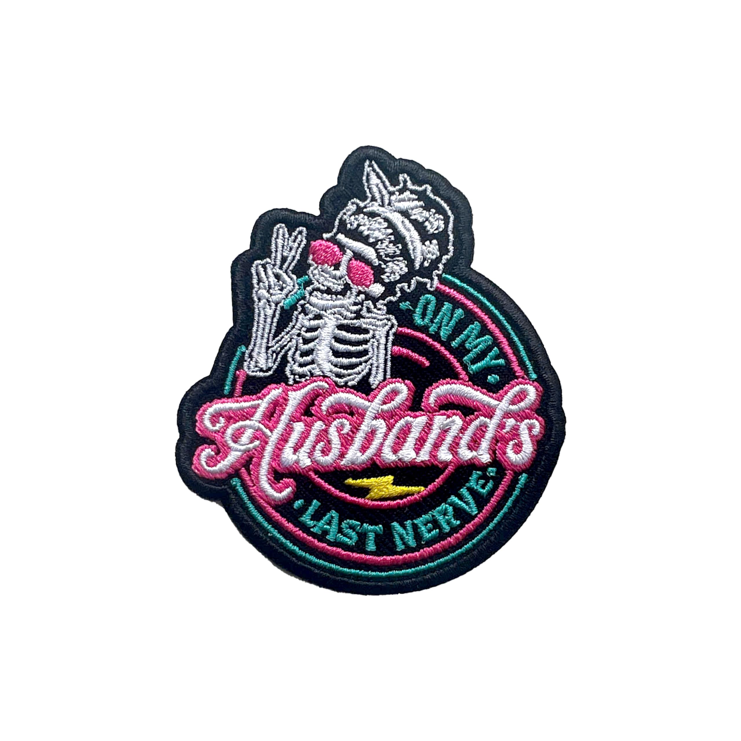 SANSFIUS On My Husband's Last Nerve Patch, Funny Skeleton Peace Sign Size 3 Inches Iron On Embroidery Patch for Hats Clothes Backpacks Jeans, DIY Sew