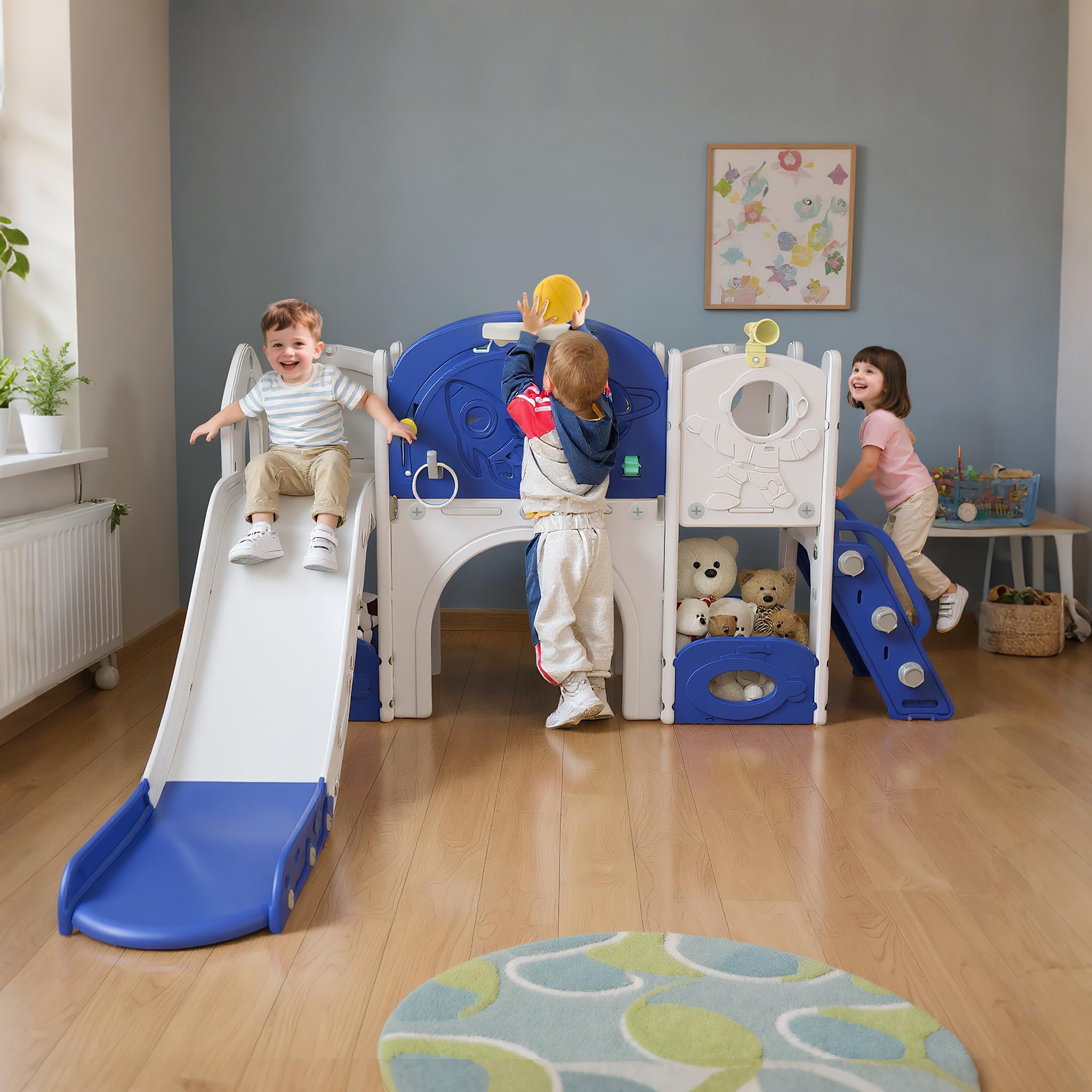NAIZY Kinderrutsche Spielanlage bis 50 kg 8-in-1 Rutsche mit Tunnel, Kletterleiter, Basketballkorb, Ringwerfspiel, Teleskop und Stauraum, HDPE PP Kunststoff Spielgerät für Kinder