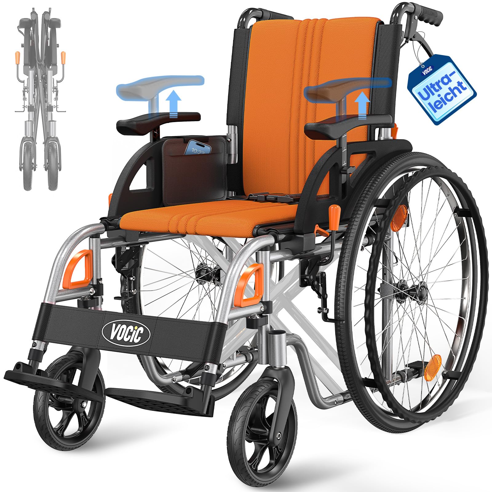 VOCIC U32 Sedia a Rotelle Pieghevole con Autospinta 14.5KG | Carrozzina per anziani fino a 136KG,ruote 60CM antiforatura,doppio freno,braccioli regolabili,alluminio|Arancione