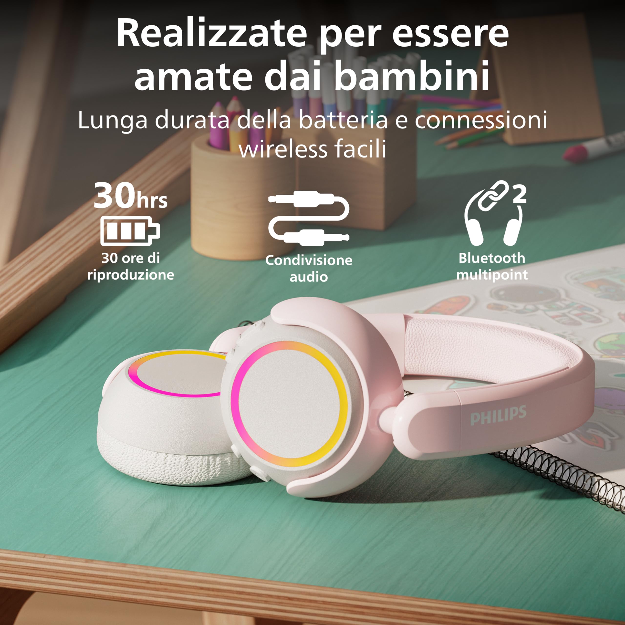 Philips TAK4200PK Serie 4200 Cuffie pieghevoli per bambini on-ear wireless a volume limitato, Condivisione audio, Cavo 3,5mm e USB-C incluso - Rosa