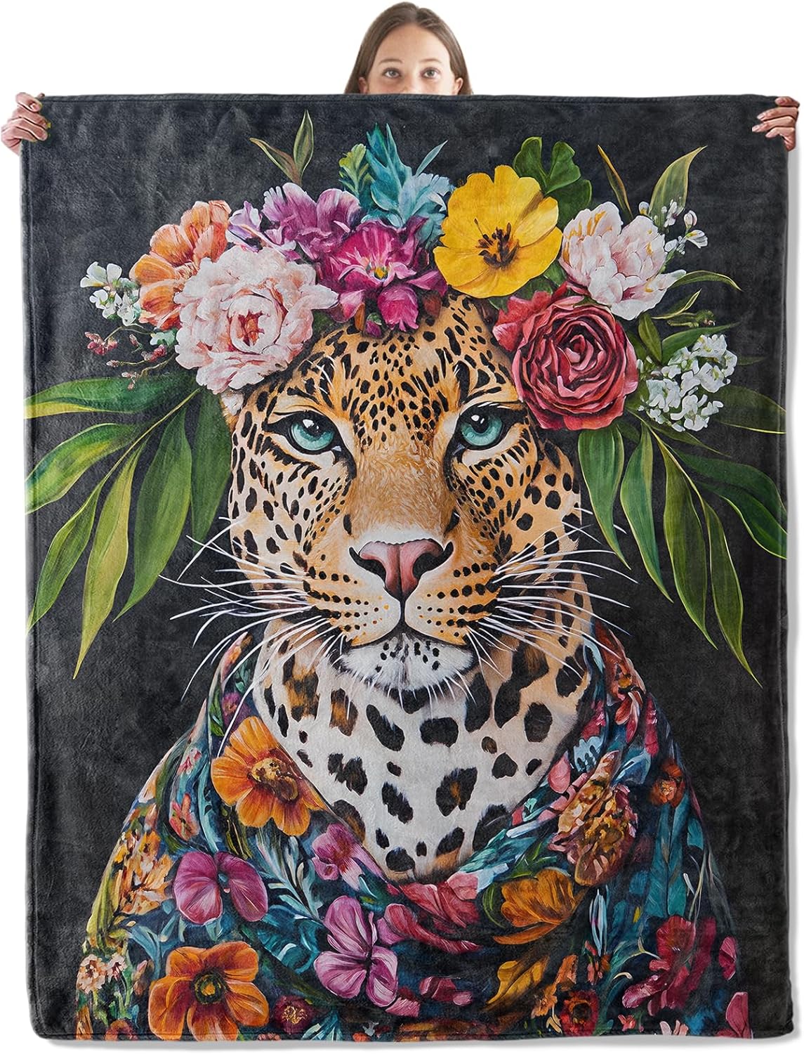 Funny Leopard Blanket, Cozy Plush Leopard in Flower Crown Throw Blanket for Couch Bedroom Outdoor, Lightweight Soft Flannel Travel Blankets, Gifts for Women Adults Kids, Warm Decor 50"×60"