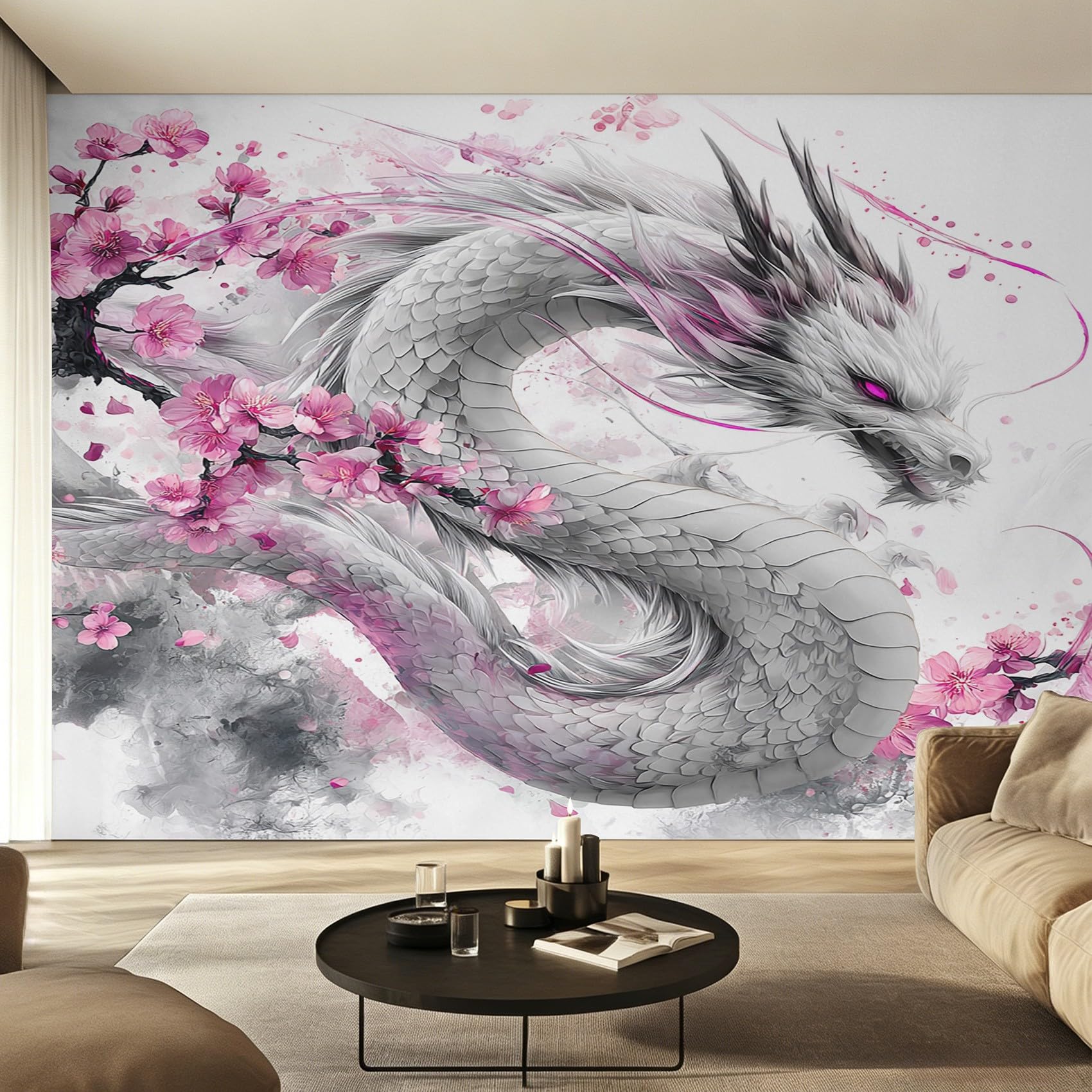 Générique Papier Peint Dragon Japonais Panoramique 310 x 250 cm, Papier Peint Intissé Fleur de Cerisier Animaux Fantastique Décoration Murale, Papiers Peints pour Salon Chambre saf-4