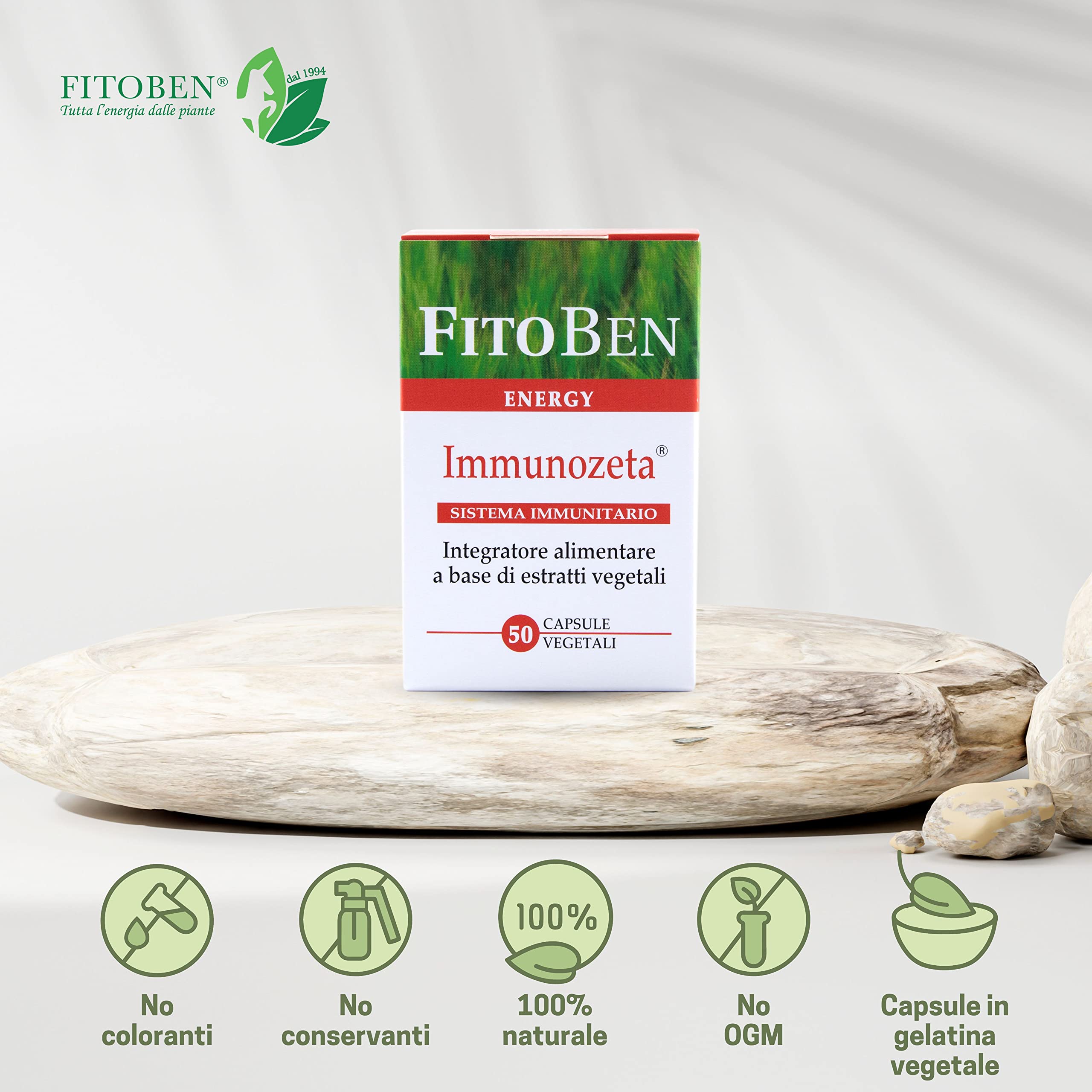 Fitoben | Immunozeta Integratore Alimentare Naturale con Echinacea, Astragalo, Tabebuia, Zinco, Vitamine D3 e B6 per il Sistema Immunitario e le Difese Immunitarie, 50 Capsule Vegetali
