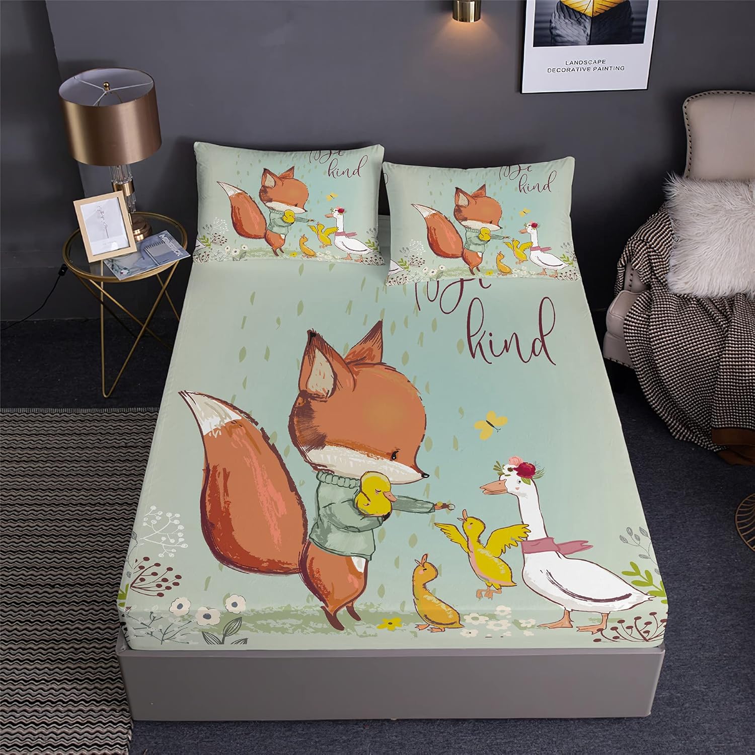 DDD PLUS Kids Foxes Fitted Sheet with Pillowshams Twin Full