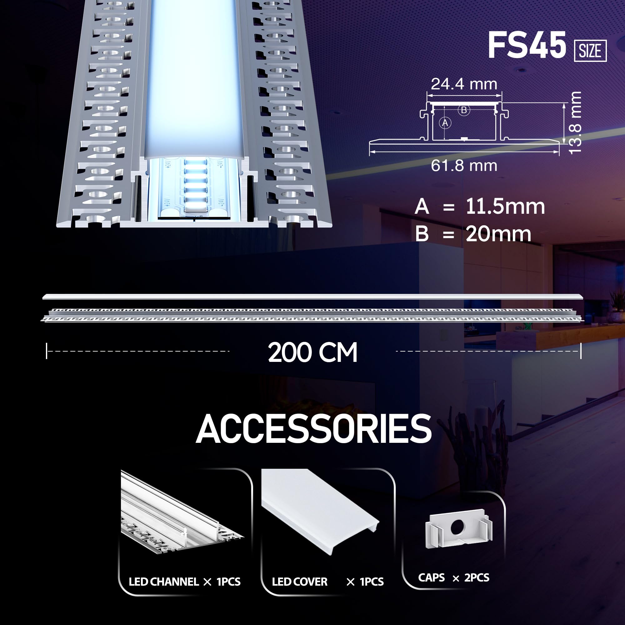LED Aluminium Profil Einbau 2000×61,8×13,8mm für LED Strip ≤20mm Alu Profil Gipskarton & Trockenbau, Einbauprofil Aluminium mit PC Abdeckung Endkappen Schiene flächenbündig für Wand Decke (28×2m=56m)
