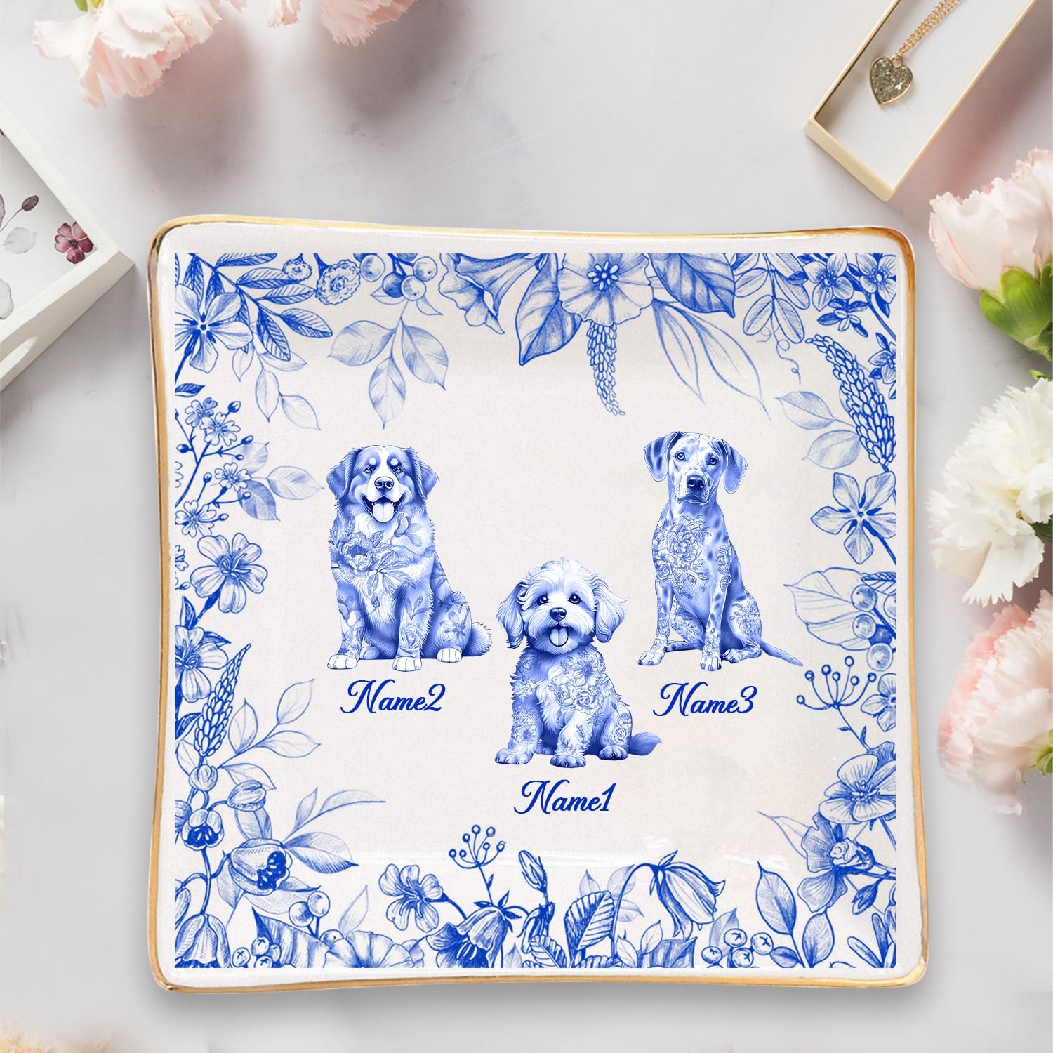 Custom Dog Blue Floral Jewelry Dish Tray, Personalized Breeds Chinoiserie Toile De Jouy, Elegant Ring Dish Holder & Jewelry Organizer Pet Lover Dog Mom Gifts on Christmas, Mother's Day