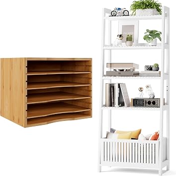 Bamjoy Bamboo White Bookshelf with Slatted Basket, Ladder Bookcase with 4 Display Shelves and 1 Open Storage Basket Bamboo 5 Tier Desktop Organizer