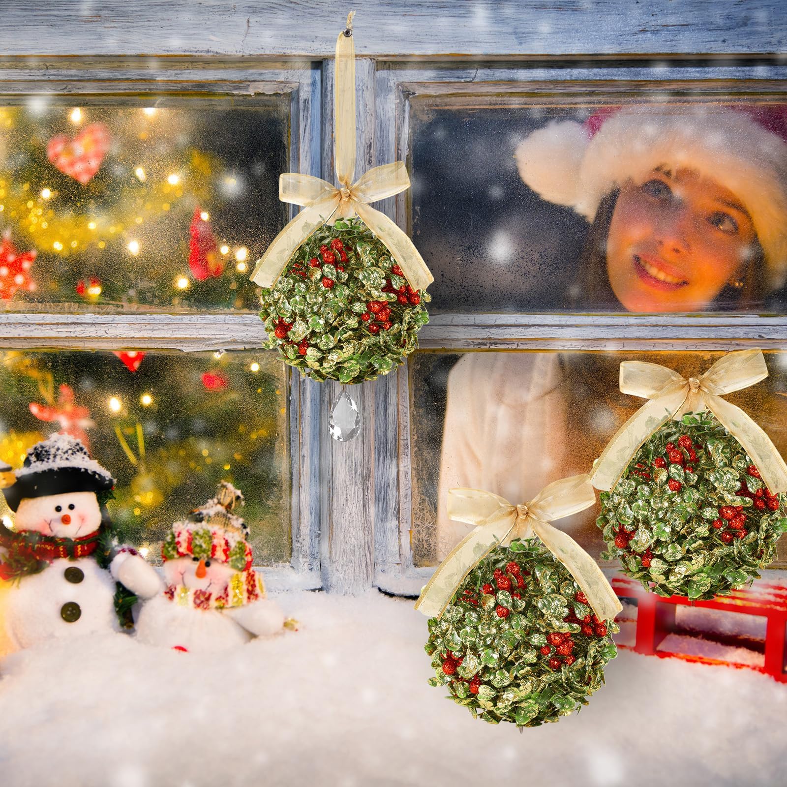 Lot de 2 décorations de gui artificielles à suspendre en cristal avec nœud en baies pour porte, maison, arbre de Noël, amitié, fête, arche de plafond (doré)