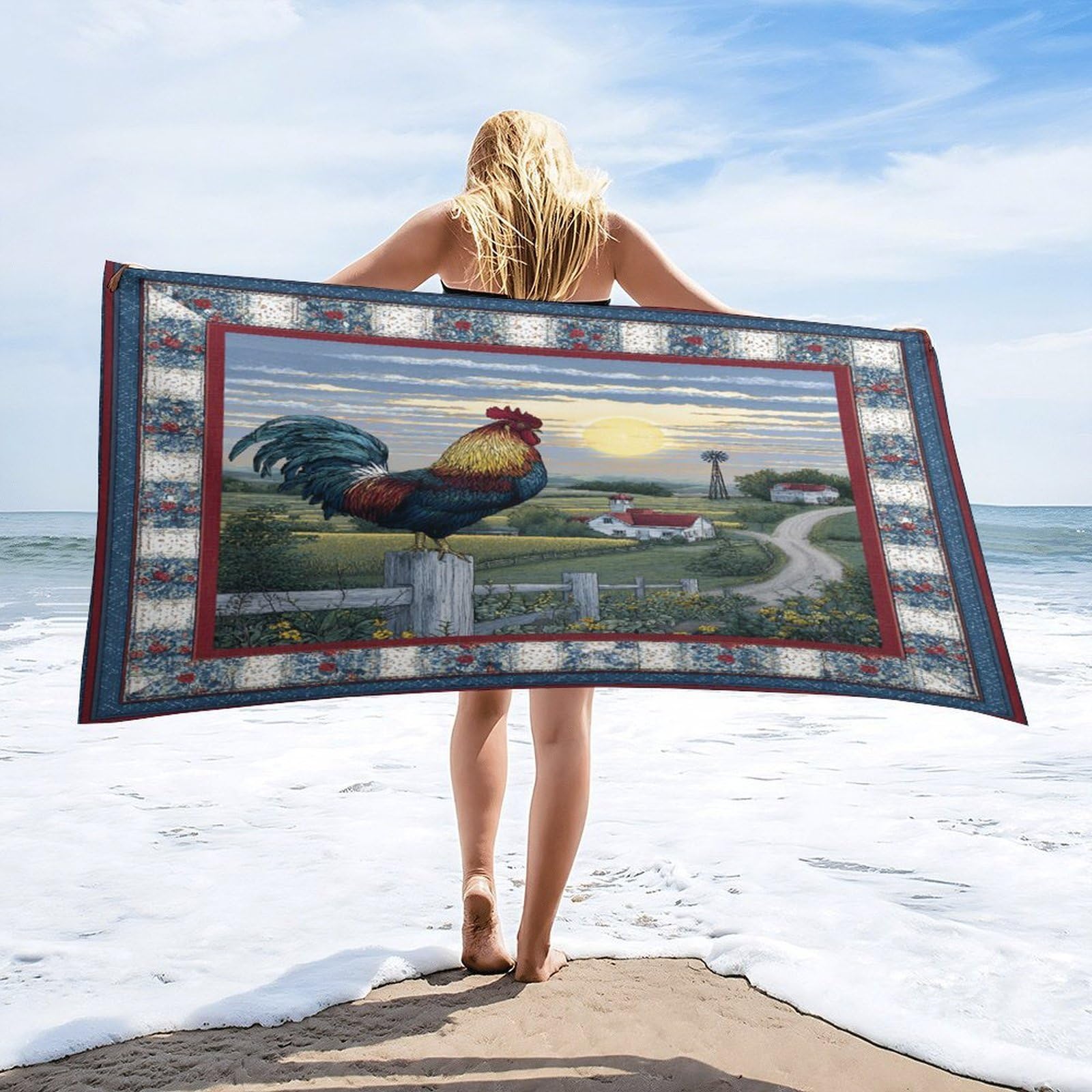 Luyysky Beautiful Retro Animal Rooster Quick-Drying Beach Towel, Vintage Abstract Sunrise Farmhouse Barn Windmill Plant Flowers Travel Vacation Single Sided Pile Bathroom Towels-80 W Cm X 160" L Cm