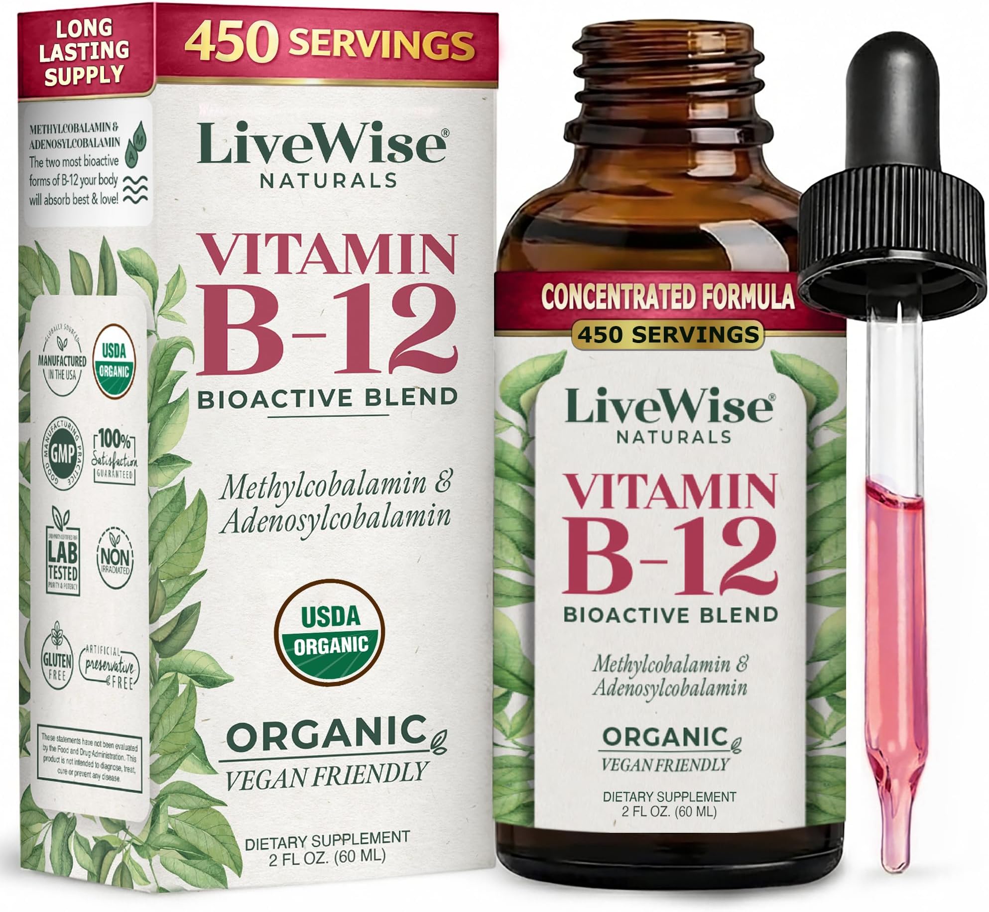 Organic Vitamin B12 1000 mcg Sublingual Liquid Drops For Adults, 1 Year+ Supply - 2 oz, Methylcobalamin & Adenosylcobalamin - Bioactive Blend for Energy, Clarity & Focus - Vegan, Non-GMO, Unflavored