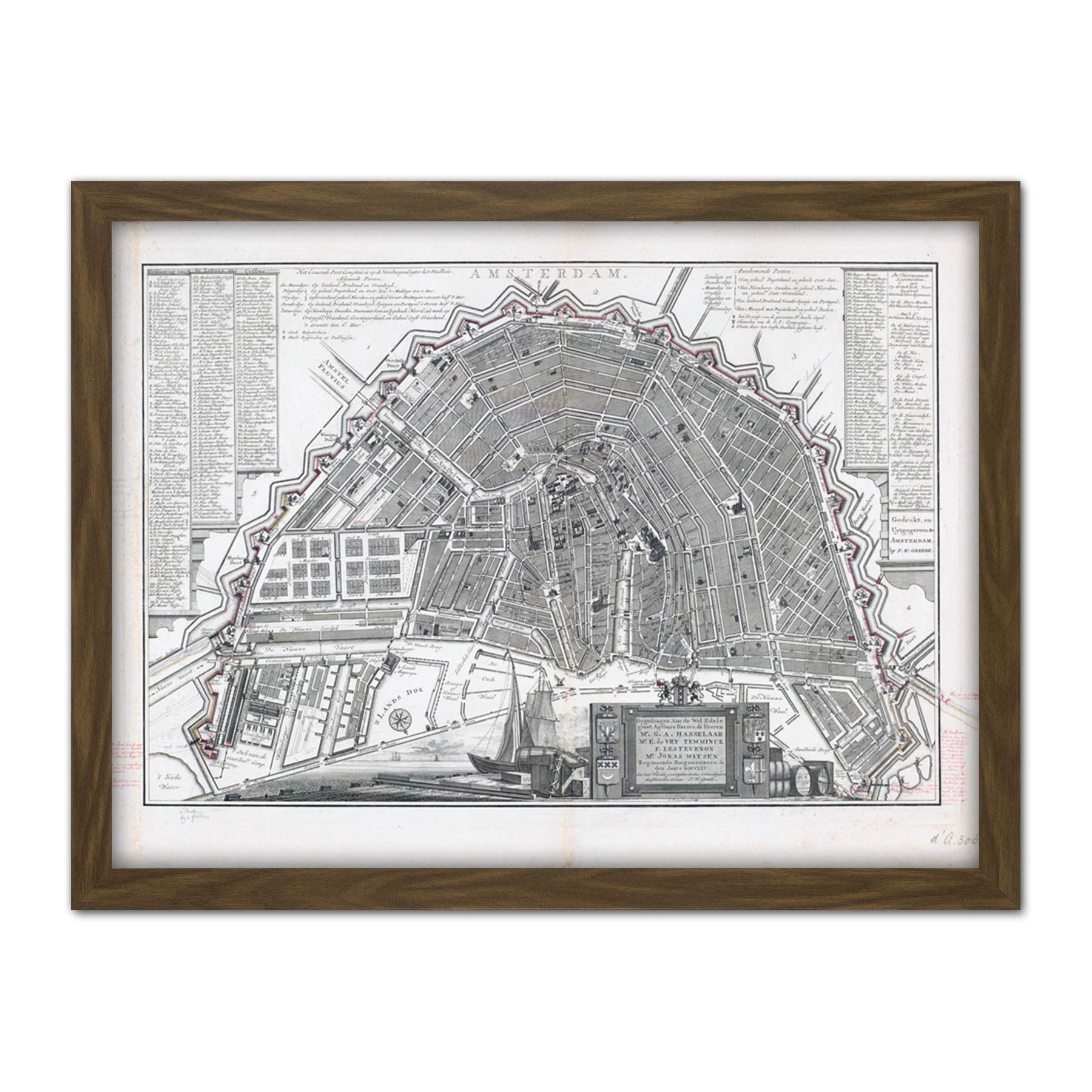 Artery8 Philips Old Map Of Amsterdam City Netherlands Artwork Framed Wall Art Print 18X24 Inch