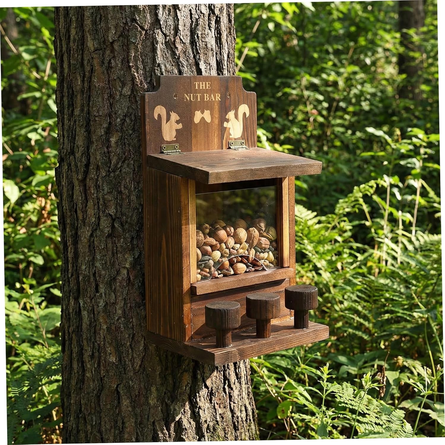 Squirrels Feeders for Outdoors - Hanging Wooden Squirrels Feeder House with Lift-Up Lid and Observation Window for Chipmunks Feeders