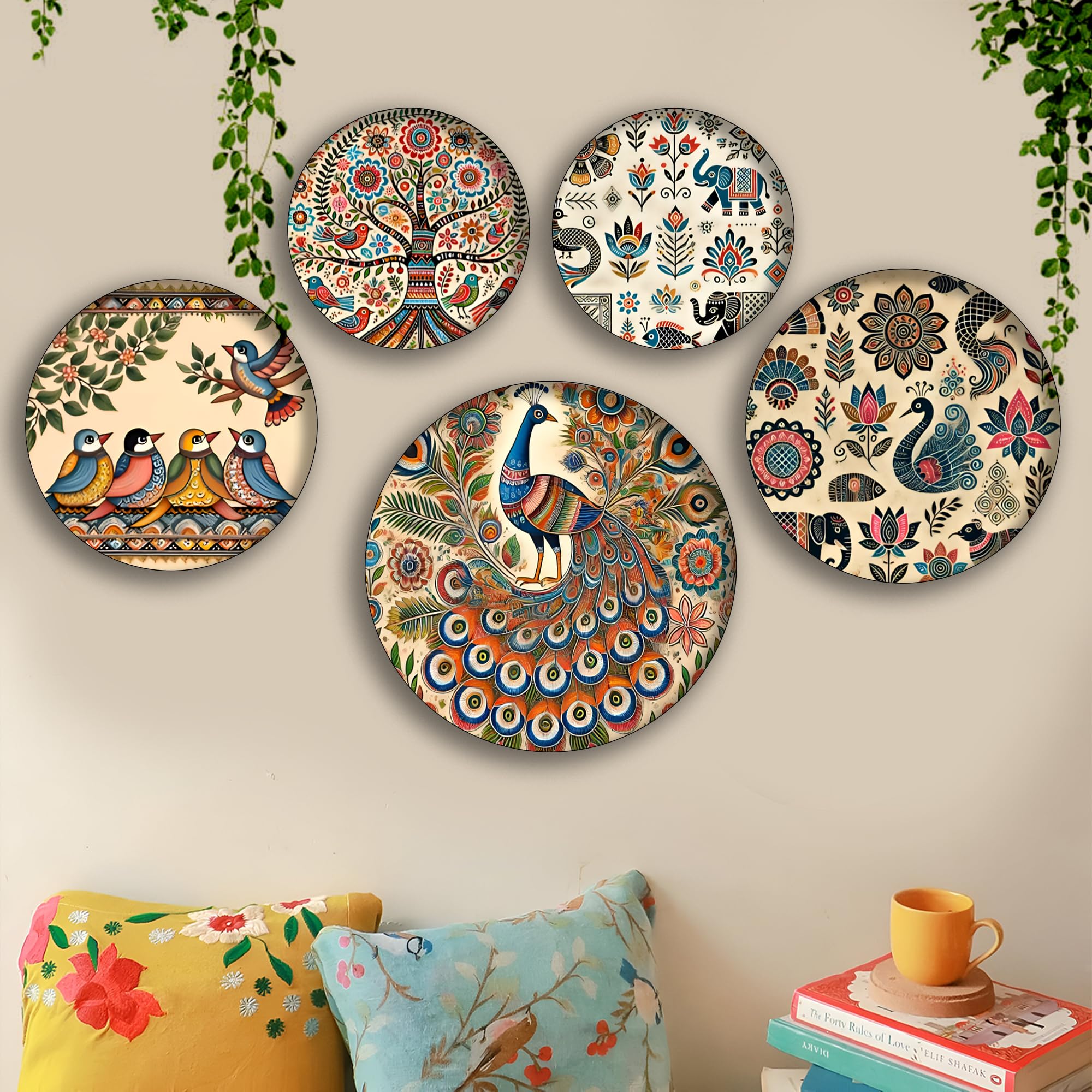LXOMES Madhubani Art Iron Wall Plate | Home Decor and Wall Decor Items for your Hall and Living Room | Gift Item | Set of 5