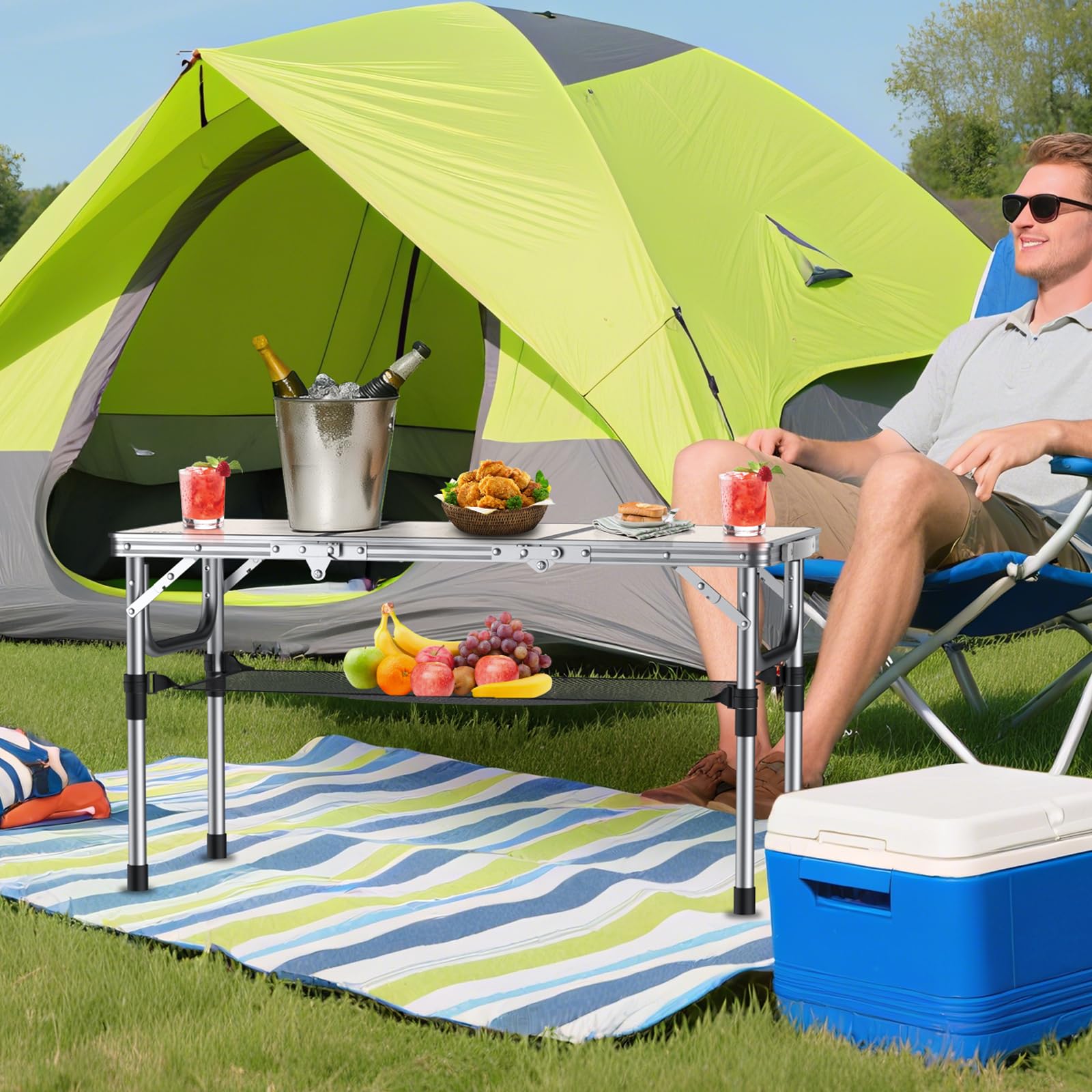 Anbte Tavolo Pieghevole da Campeggio 87.5 * 40.2 * 68.5 cm,Tavolino da Giardino Caffè 3 Regolabili in Altezza in Alluminio con Rete da Giardino/Picnic/Balcone/Barbecue/Spiaggia-Bianco