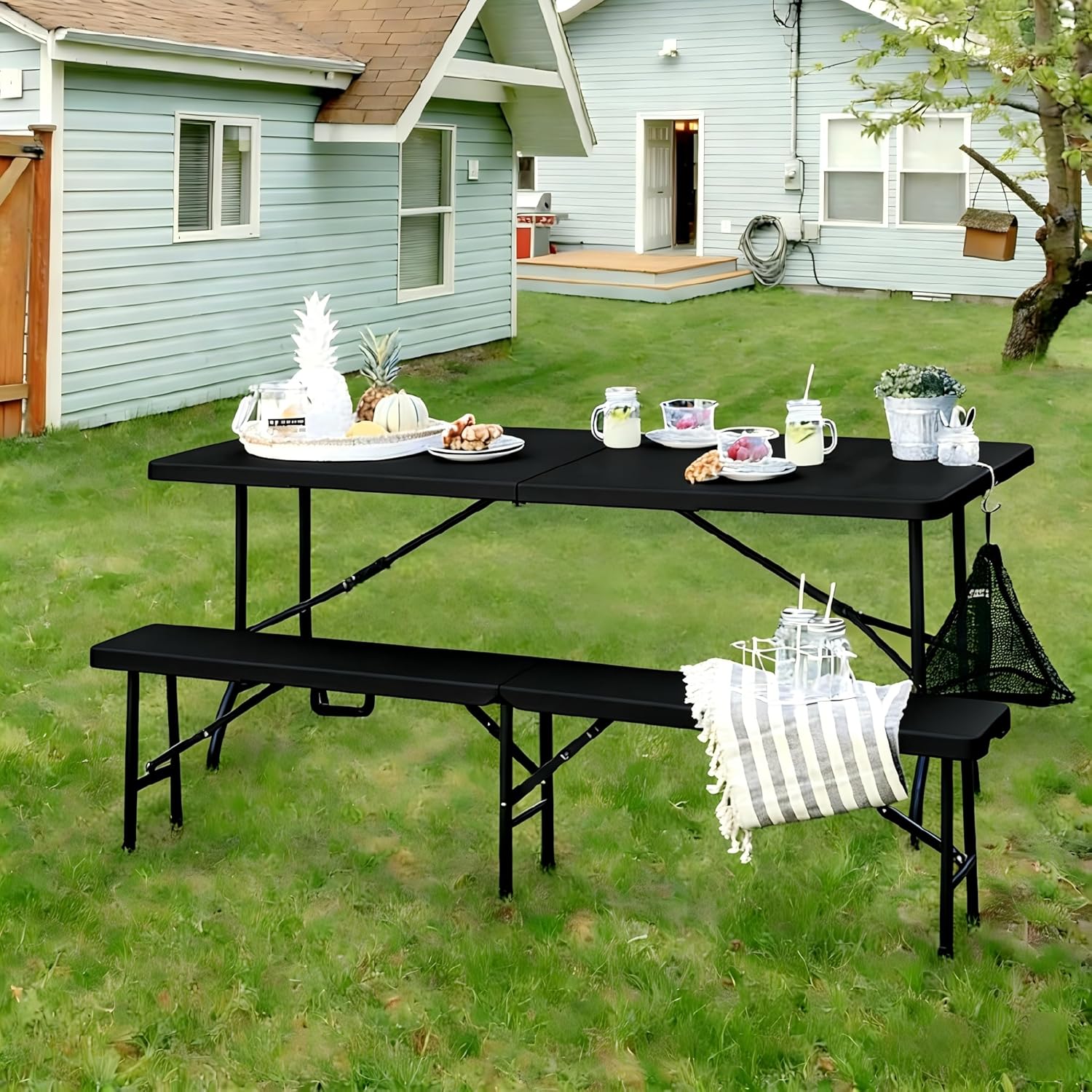 VECELO 6 FT Thick Top Picnic Table with Portable Mesh Bag, Folding Table with Strong Side Support, 500lbs Capacity for Outdoor Camping, Party, Dining - Black