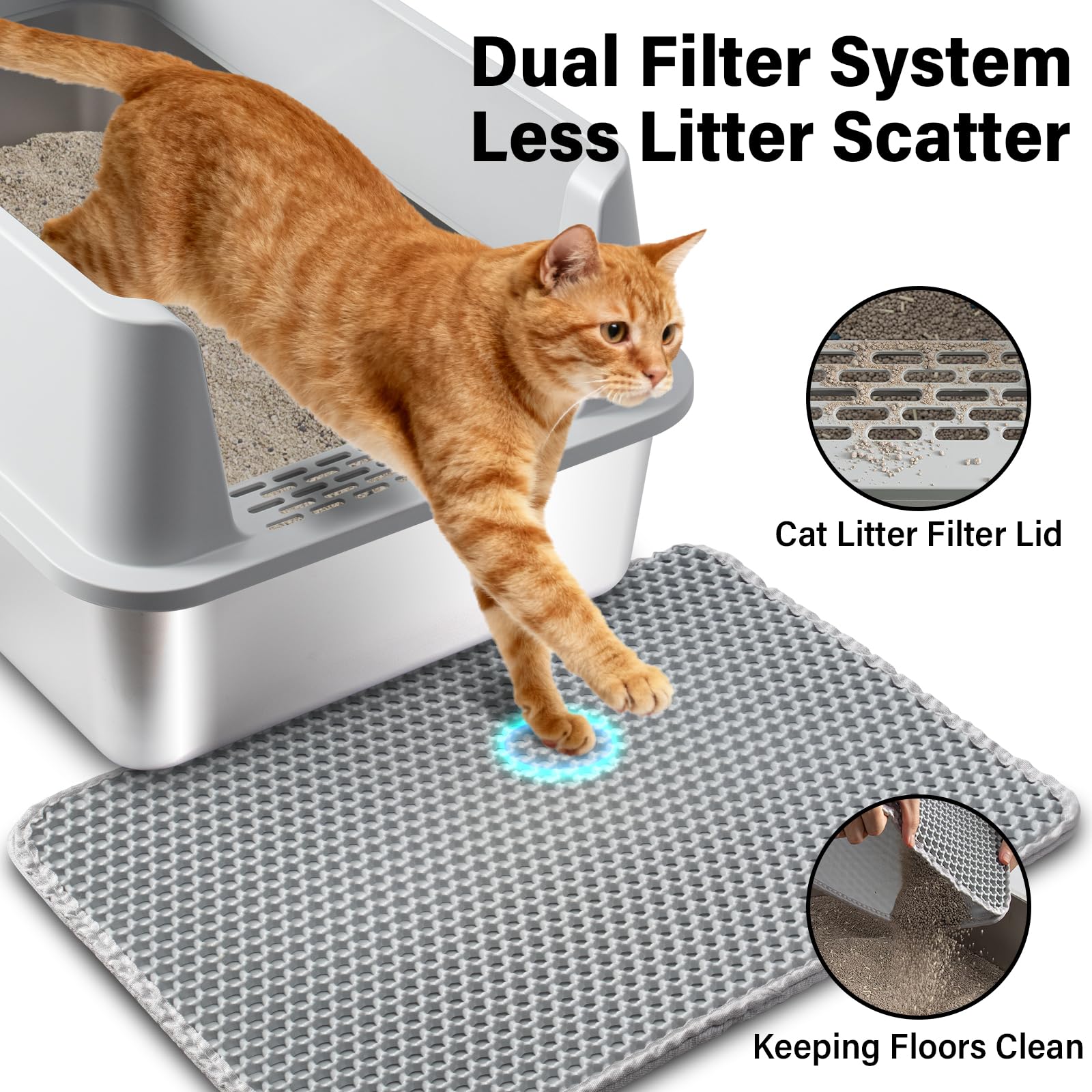 Stainless Steel Litter Box 2 Pack, Metal Cat Litter Box with Lid High Sides,XL Extra Large Litterbox for Big Cats,Non-Stick, Anti-Leakage,Easy to Clean,Include Litter Mat & Scoop,23x14.6x10in - image 4