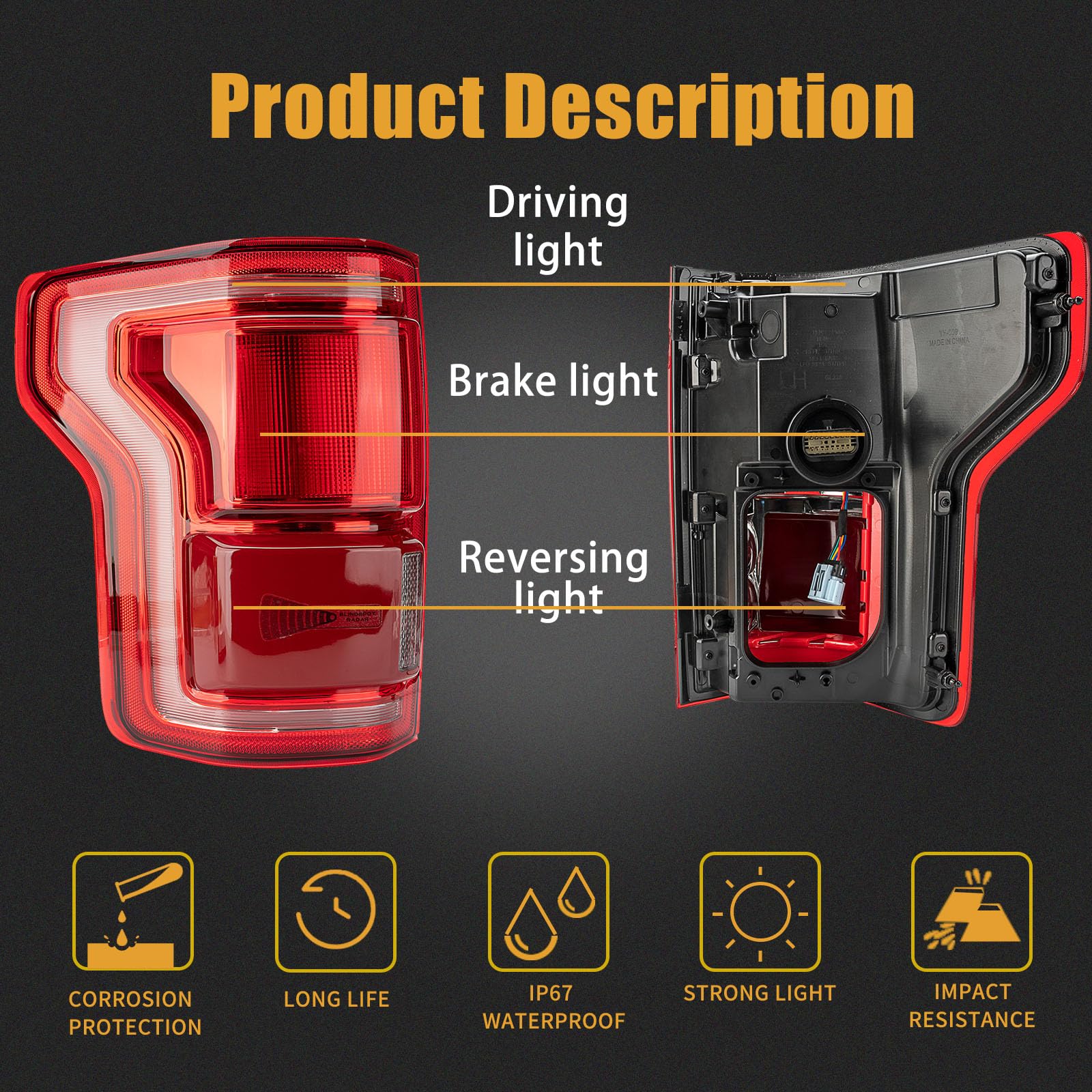 Tail Light Assembly Compatible With 2015-2017 Ford F150 Driver and Passenger Side LED Rear Brake Lamps With Blind Spot Replaces#HL3Z13405D (Module NOT Included)