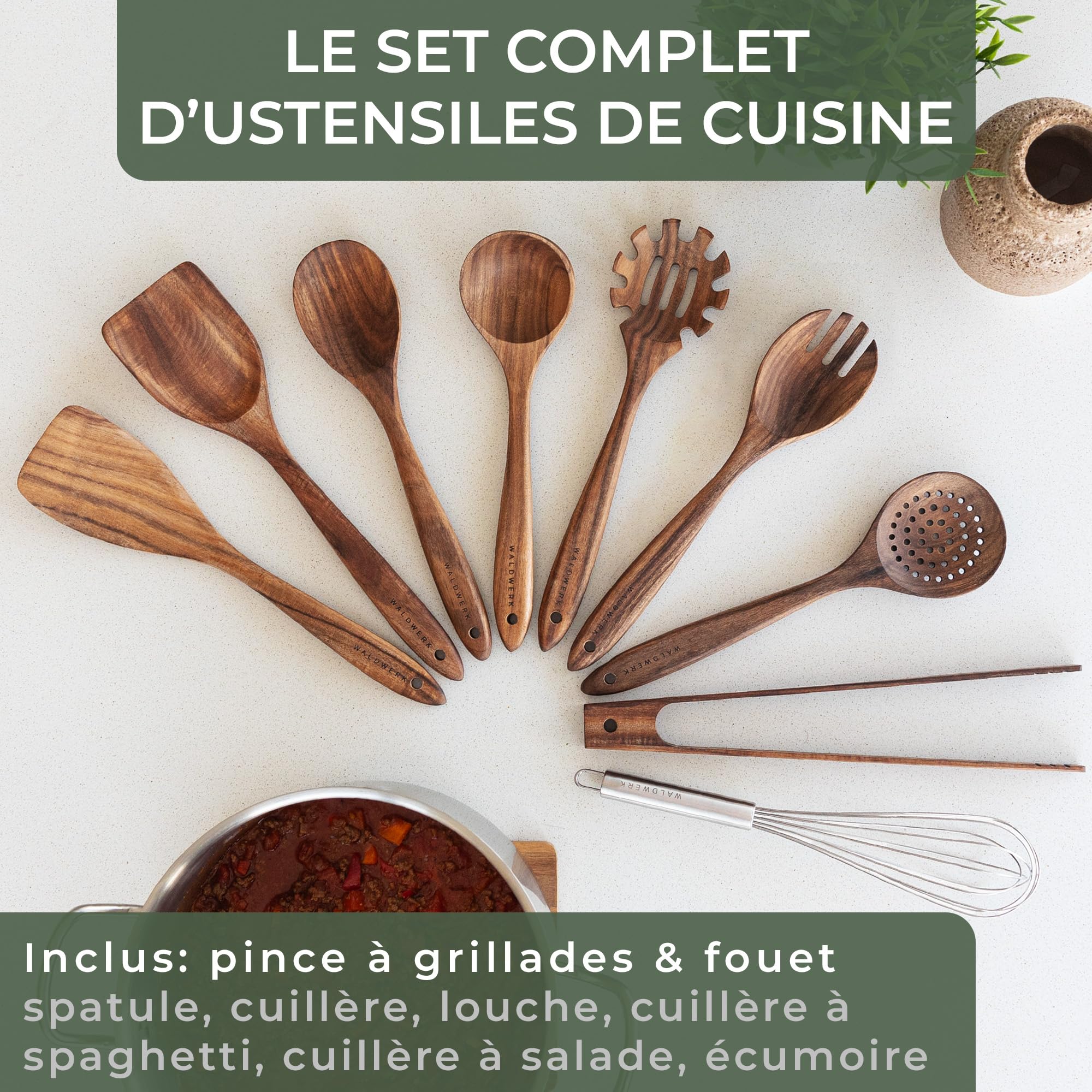 WALDWERK Ustensiles de cuisine bois – 9 pièces avec pince à grill, fouet, spatule, cuillère et louche à pâtes – Couteaux et ustensiles de cuisine