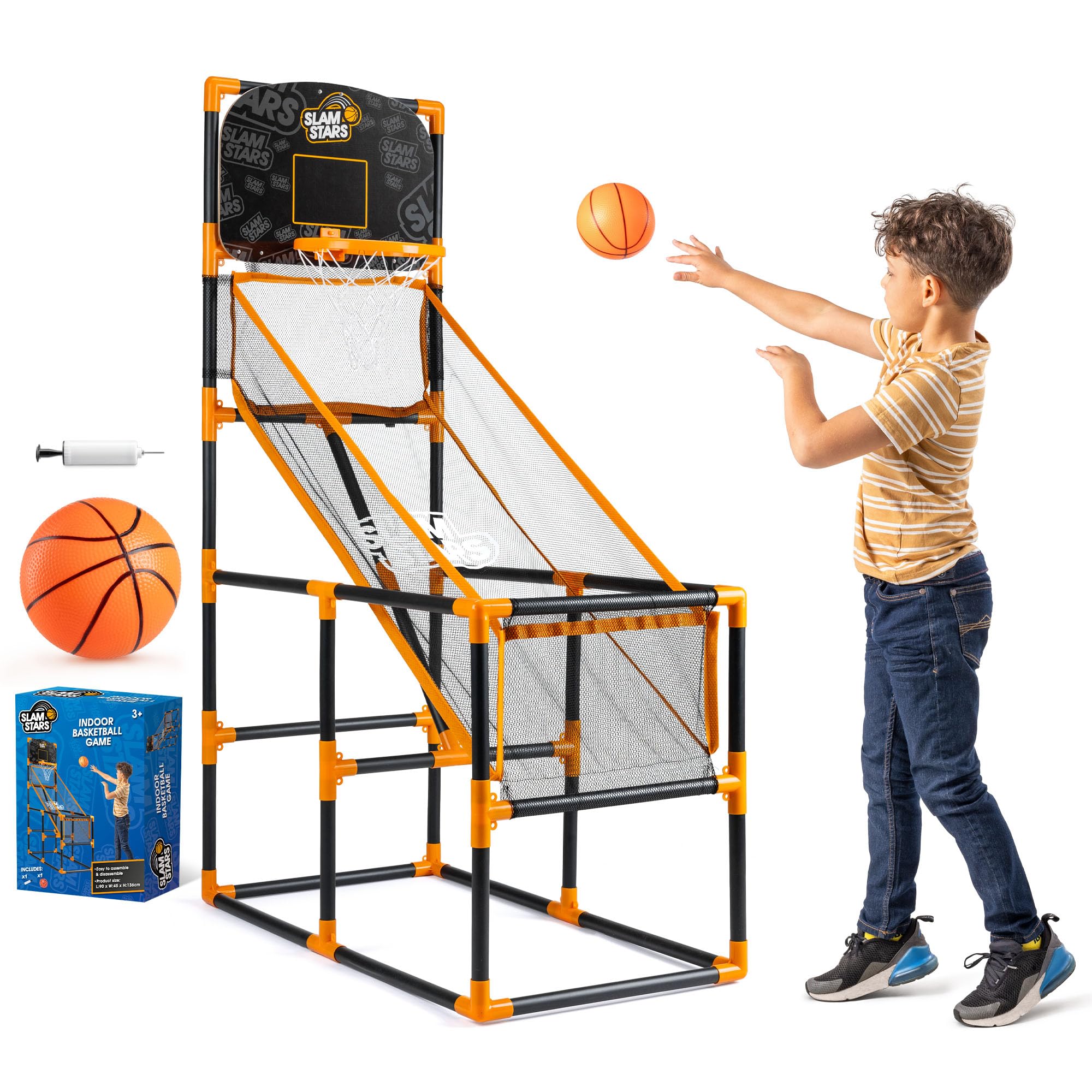 SLAM STARS Basketball Arcade Game, Complete Basketball Set for Kids with Net, Stand, Ball and Pump, Indoor Use, Orange