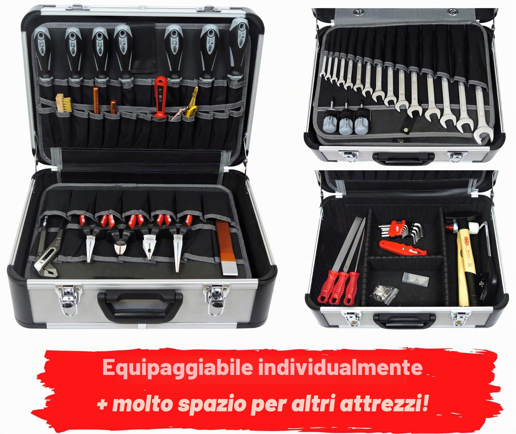 FAMEX Cassetta degli attrezzi in alluminio 420-88, riempita con set di attrezzi di alta qualità, espandibile, per uso commerciale