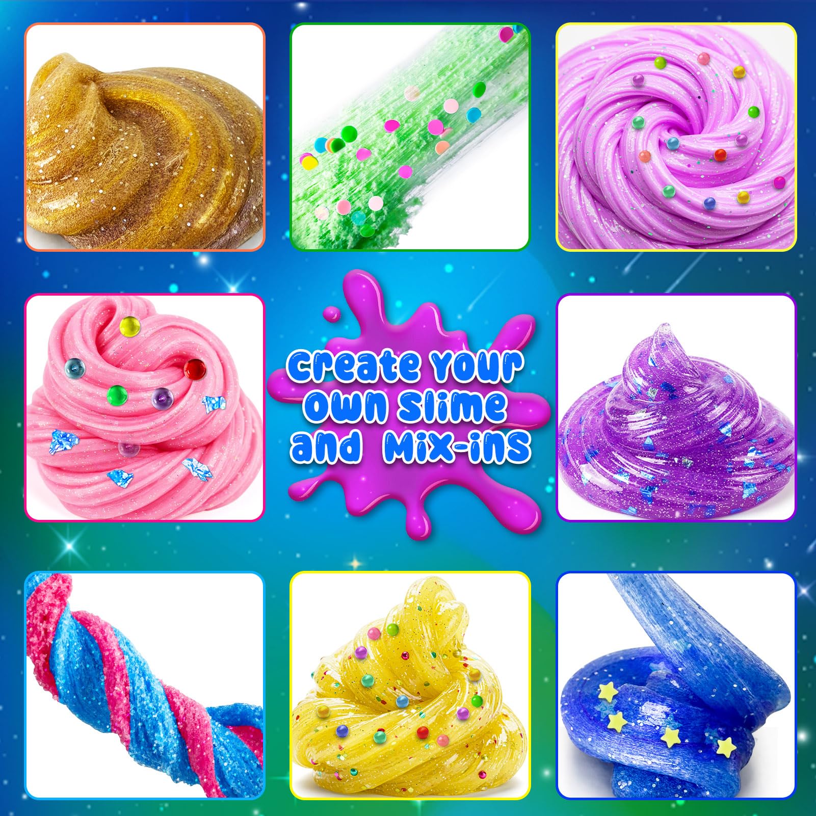 Kit Slime Fai da Te per Bambine, Kit Slime Galaxy per Bambini, Kit Slime Glitterato con Aggiunte, Glimmer Crunchy, Palline di Schiuma, Charm, Glitter, Regali per Bambini e Bambine 3-12 anni