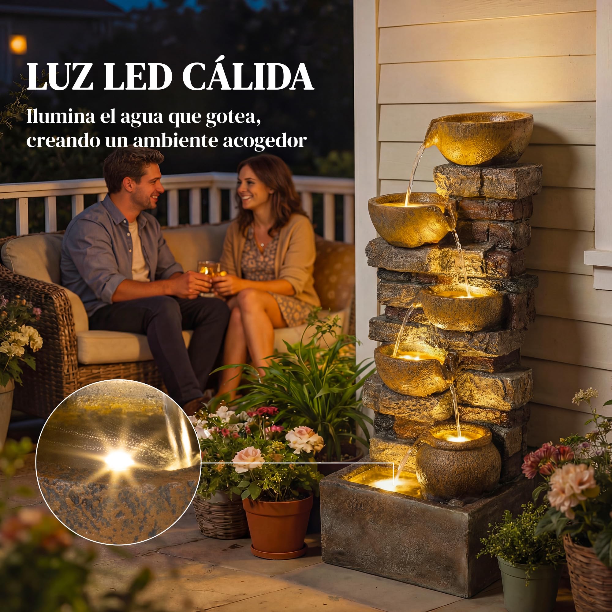 Outsunny Fuente de Agua Decorativa con Iluminación LED y Bomba, Fuente de Jardín Exteror en Cascada de 5 Niveles, Flujo Ajustable, Resistente a la Intemperie, para Jardín, Terraza, Marrón Rústico