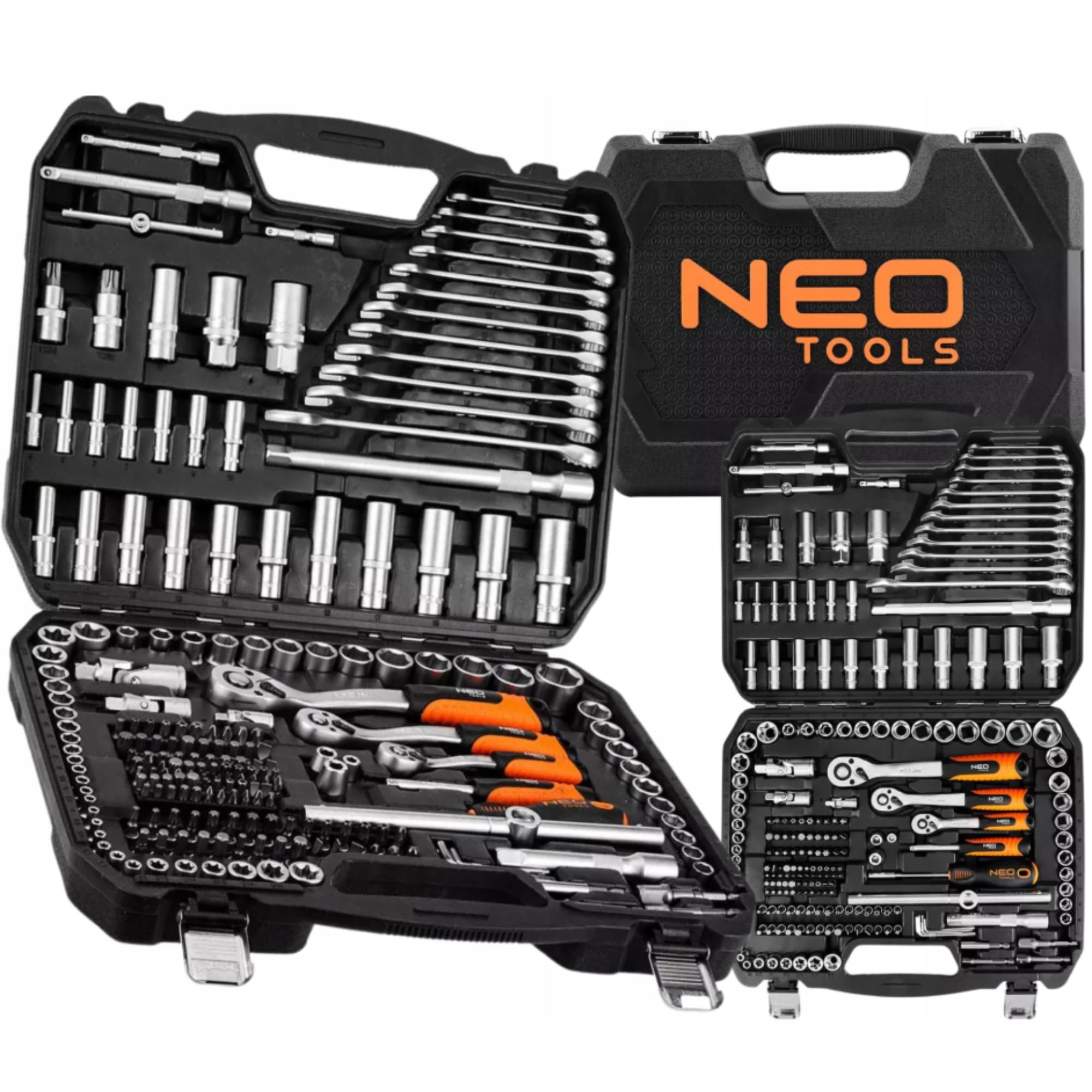 NEO TOOLS Set di chiavi a bussola professionale, 220 pezzi, set di chiavi a cricchetto da 1/2" 3/8" | 1/4" in acciaio CrV, cricchetto 72T, chiavi a forchetta e punte, cassetta degli attrezzi, attrezzi 10-220
