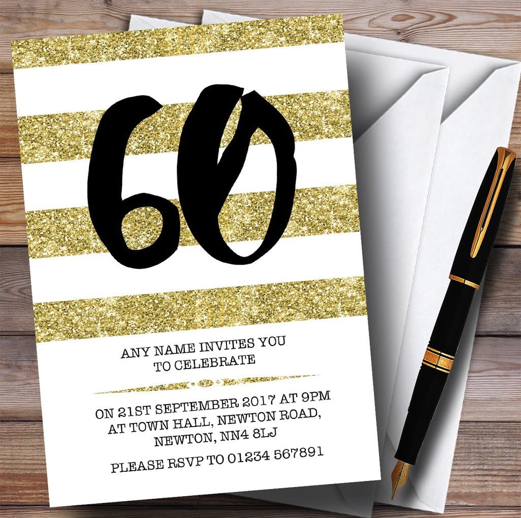Glitter Gold & White Striped 60th Personalized Birthday Party Invitations