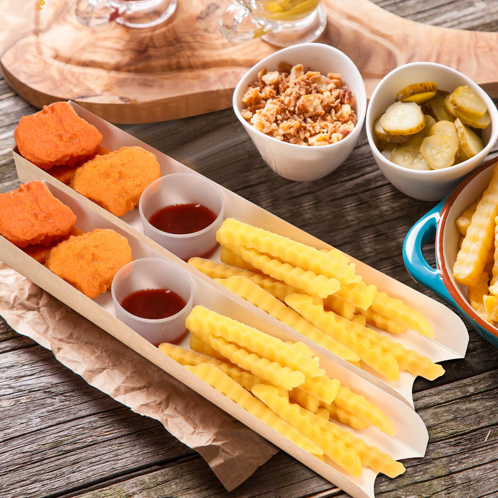 Layhit Lot de 100 plateaux jetables en papier kraft marron pour hot-dog - 30 x 5 x 3 cm - Pour nachos, tacos, frites, barbecues, festivals, fêtes (marron)