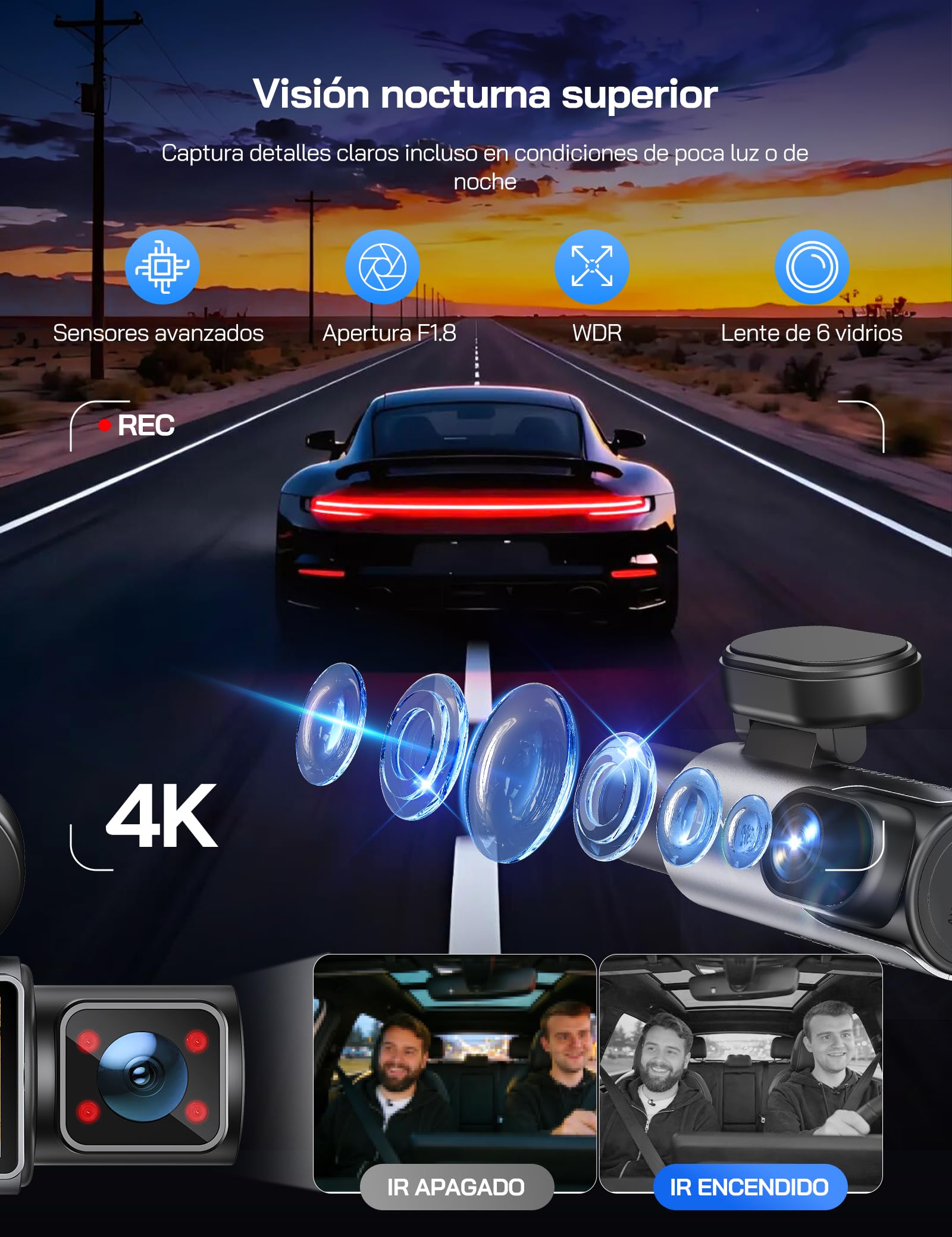 WOLFANG 4K Dashcam, Cámara de Coche con WiFi & App Control con, Cámara para Coche 2160P Dashcam con App, 3.19" IPS, Visión Nocturna, Grabación en Bucle, Sensor G, WDR, Soporta Modo Parking 24H