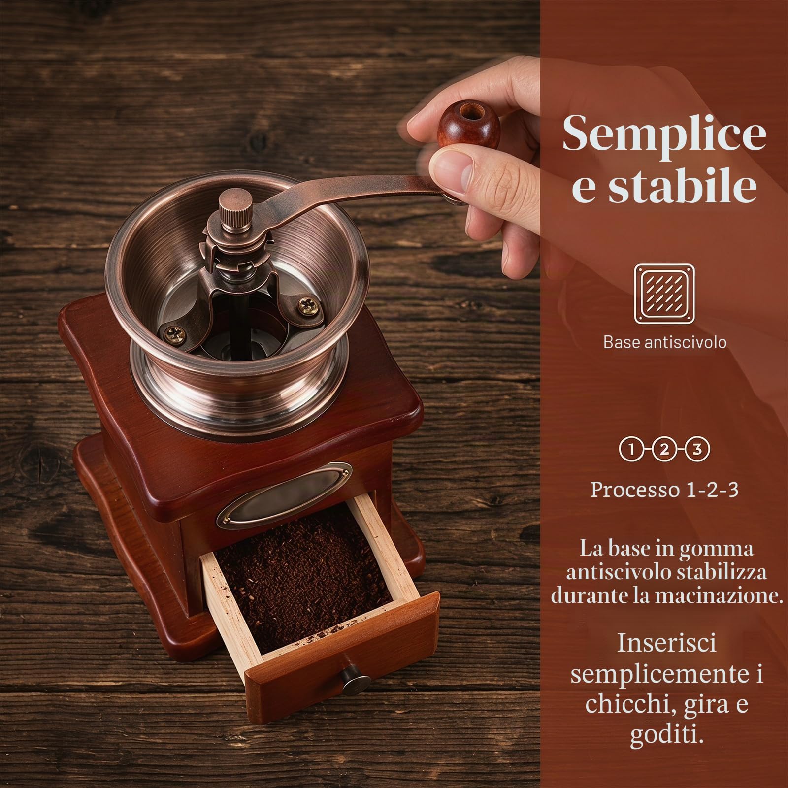 Macinacaffè manuale regolabile Grinder per chicchi di caffè in legno vintage da casa, cucina, ufficio, campeggio, viaggi