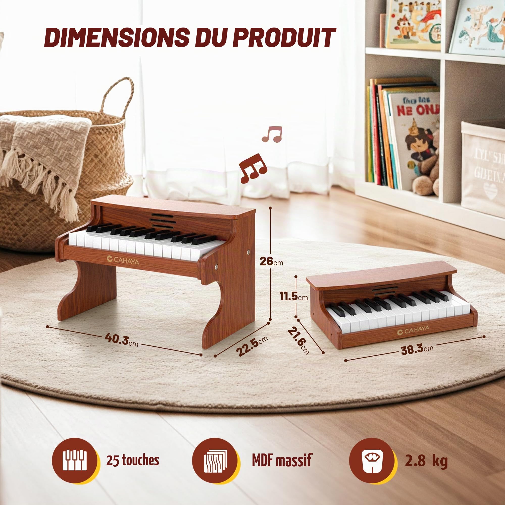 CAHAYA Piano Enfant Bois, Piano Numérique 25 Touches, dès 3 Ans | 2-en-1 bureau ou sur pieds, USB ou piles, prise micro, cadeau anniversaire Noël